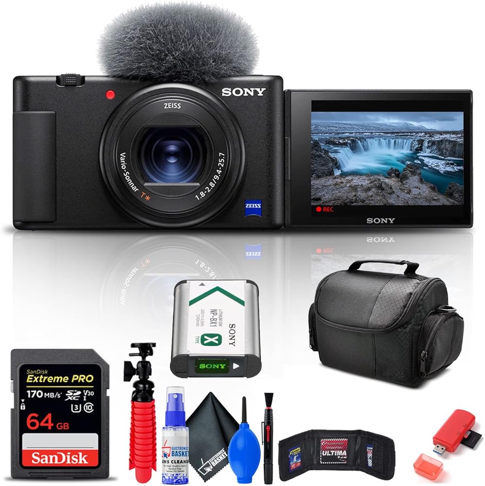 Sony ZV-1 Digital Camera (Black) (DCZV1/B) + 64GB Memory Card + Card Reader + Deluxe Soft Bag + Flex Tripod + Memory Wallet + Cleaning Kit (Renewed)