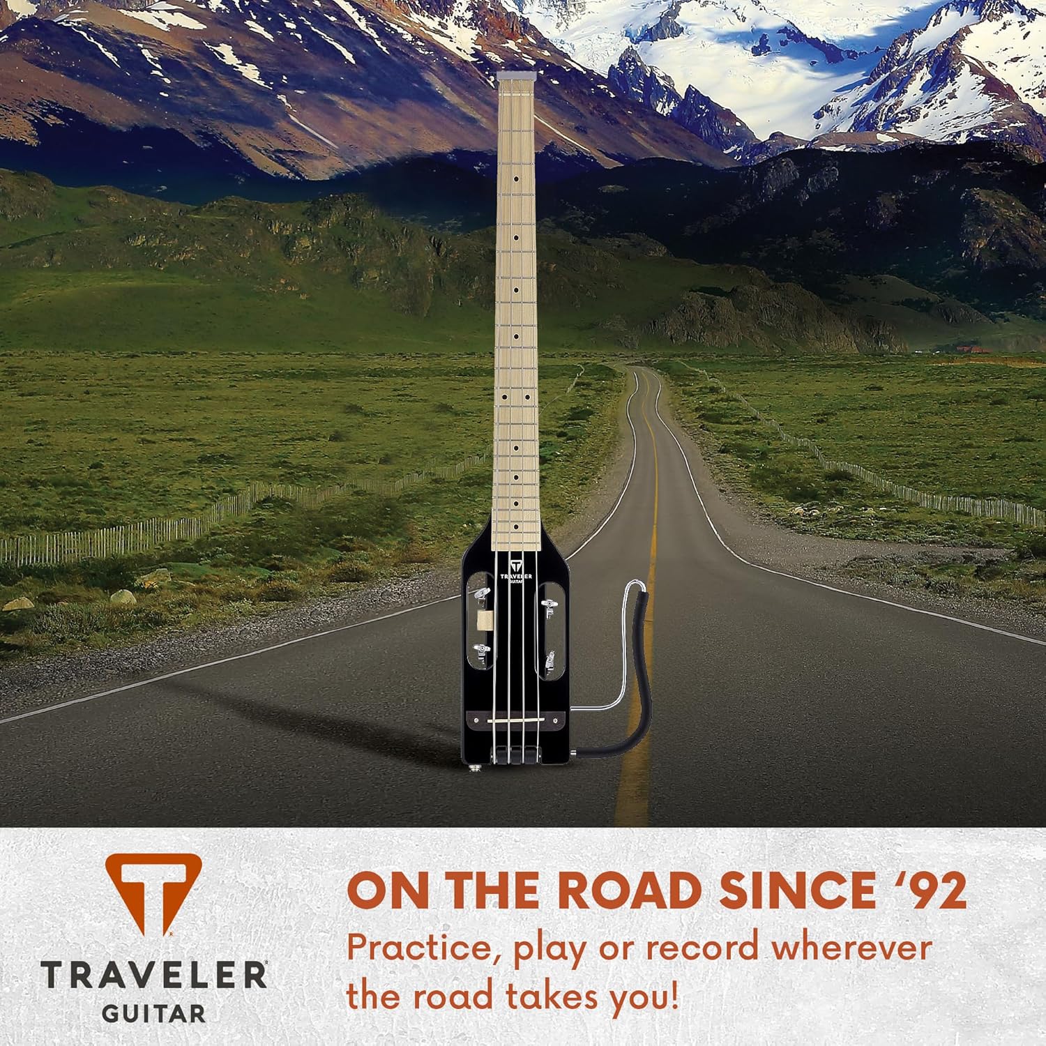 Traveler Guitar Ultra-Light Gloss Black Bass Guitar | Small Bass Travel Guitar with Removable Lap Rest | 30