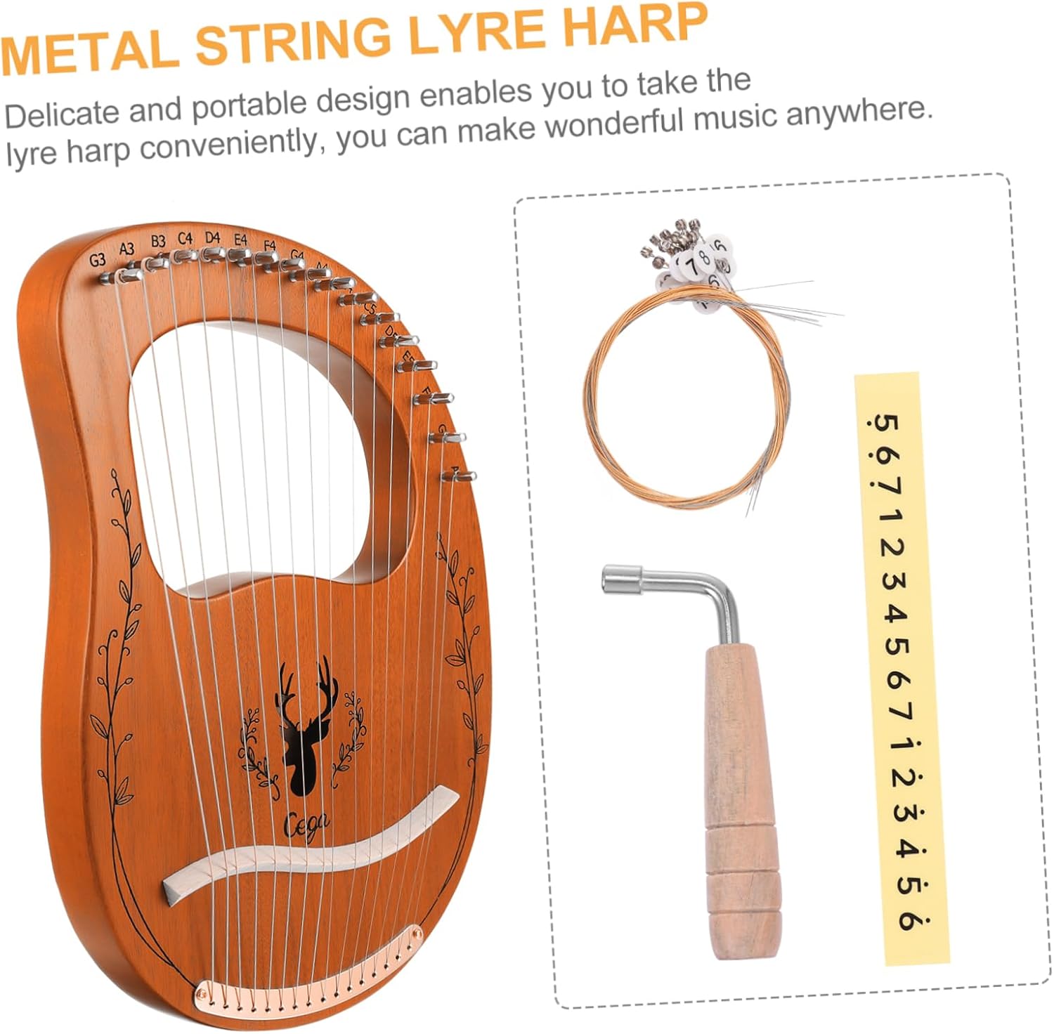 1set String Lyre Harp Portable Solid Instrument for Beginners Includes Strings for Music for Travel and Outdoor Use