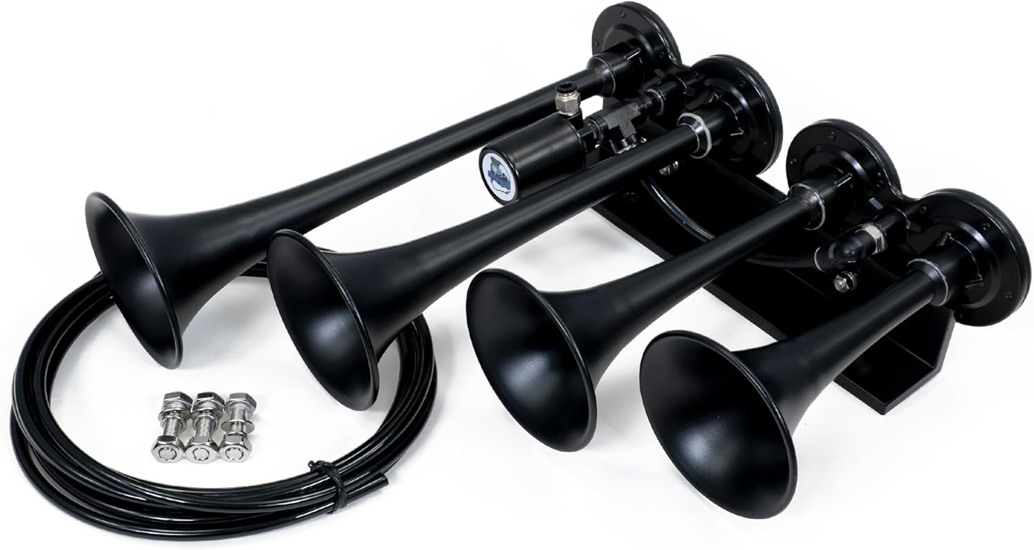 HornBlasters The Rage 4-Chime Air Horn – 12V, 142 dB Universal Air Horn with Pre-Installed Valve – Extremely Loud for Cars & Trucks