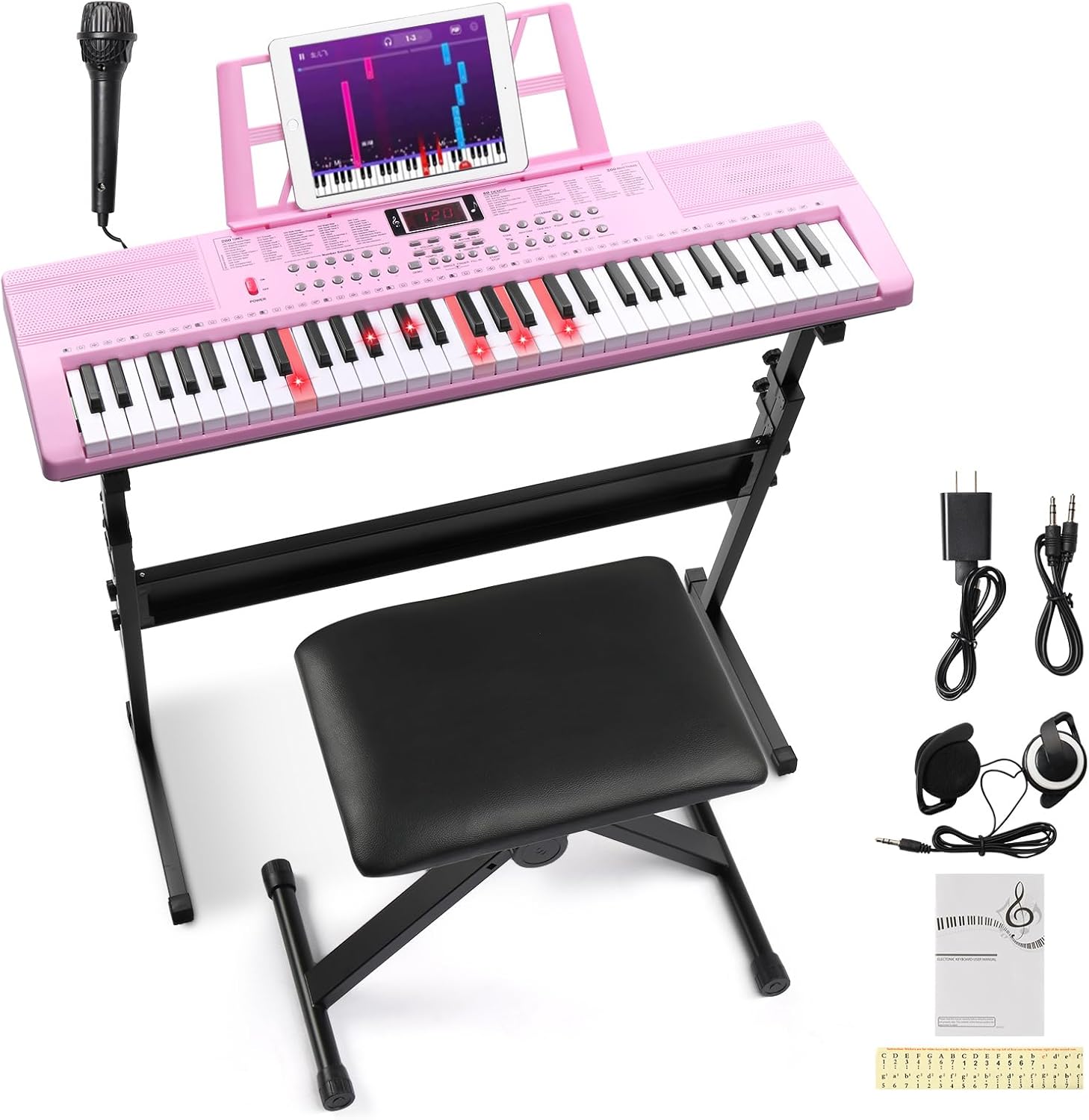 Ktaxon 61 Key Keyboard Piano Electric Keyboard w/Lighted Keys, Electric Piano Set with Headphones, Microphone, Music Rest, Power Adapter, Stand, Piano Bench and Manual (Full-Pink)