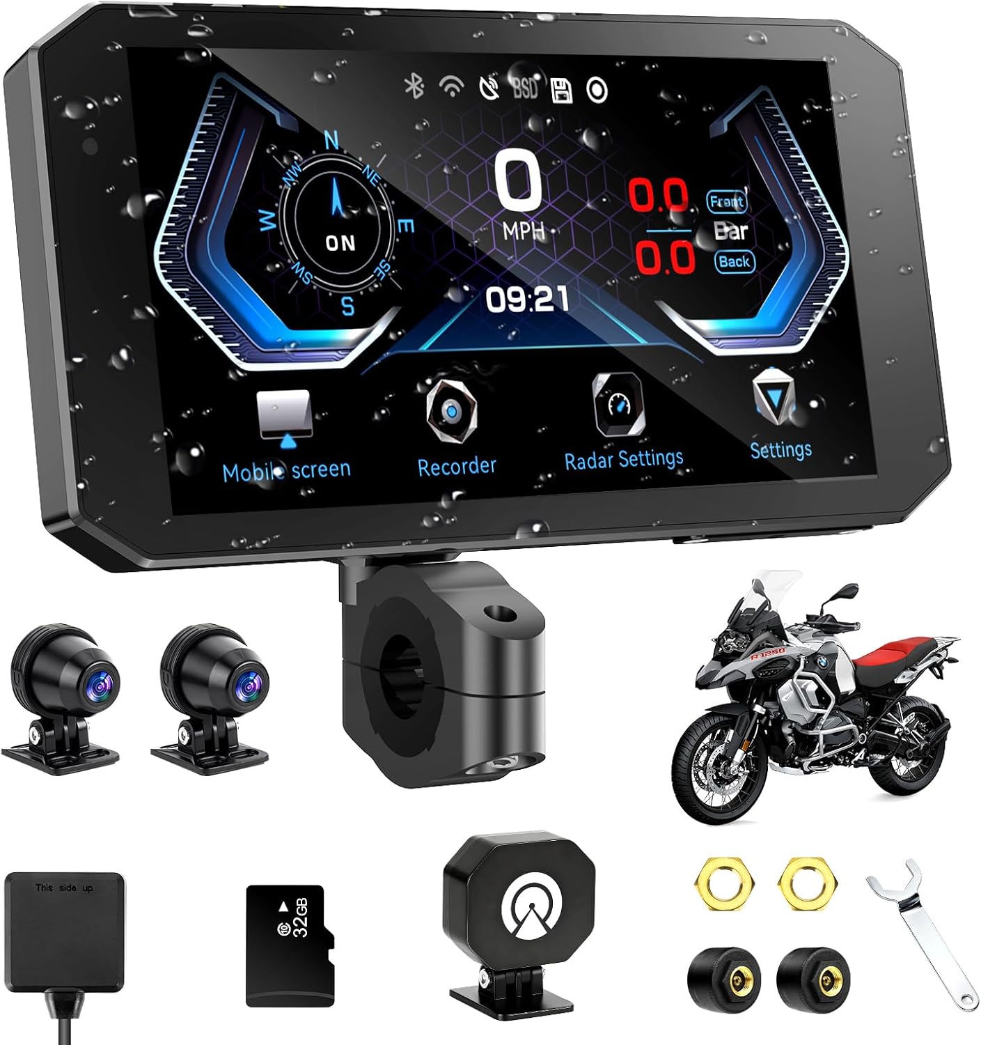 52HZ Motorcycle Carplay Android Auto with 5.5 inch IPX67 Waterproof Touchscreen, TPMS, Millimeter Wave Radar, GPS Navigation, Dual 2K Dash Cam, Dual Bluetooth, Voice Control, Real-time Alerts