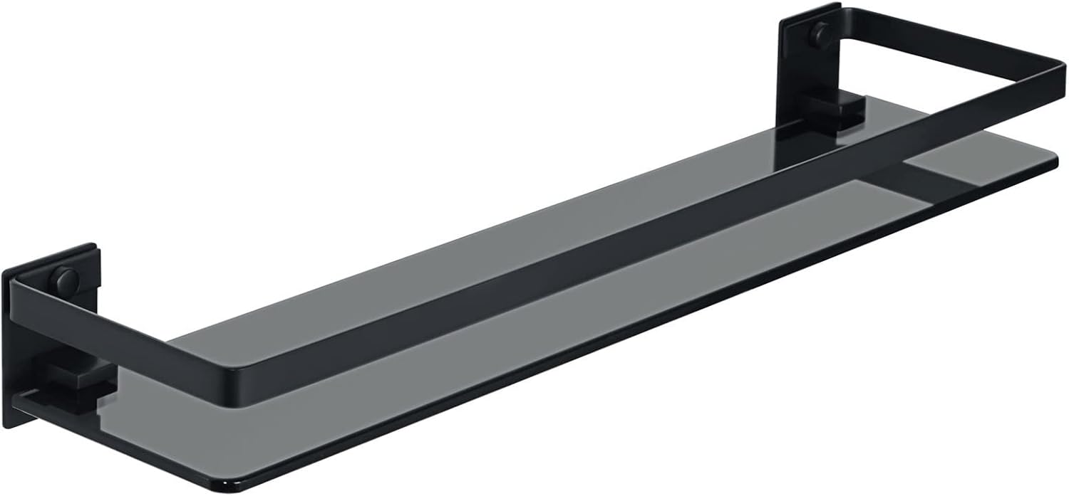 Bathroom Shelf Bathroom Wall Shelf 19.7 in Glass Shelf for Bathroom Floating Shelf Black Stainless Steel Wall Mount Bathroom Organizer Glass Shower Shelf, 1 Pack Bathroom Wall Shelves