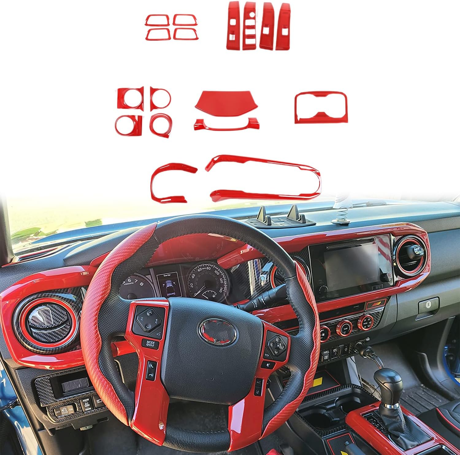 Interior Central Console Car Accessories Fit for Toyota Tacoma 2016~2022 2023 Dashboard & Air Conditioning Vent & Door Handle & Cup Holder Cover Trim ABS 17PCS Red