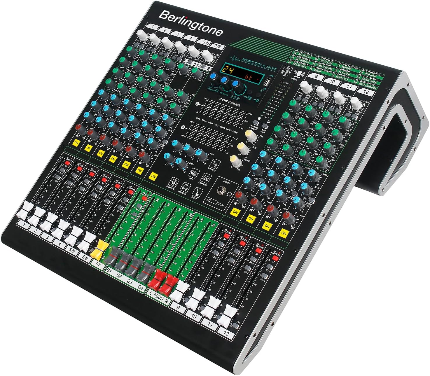 12-Channel Professional Bluetooth Analog Audio Mixer with USB, PC Recording, 24 DSP Effects, 48V Phantom Power, 10 Microphone Jack, 14 Band EQ, RCA Input/Output, Unpowered (BR-212MX)