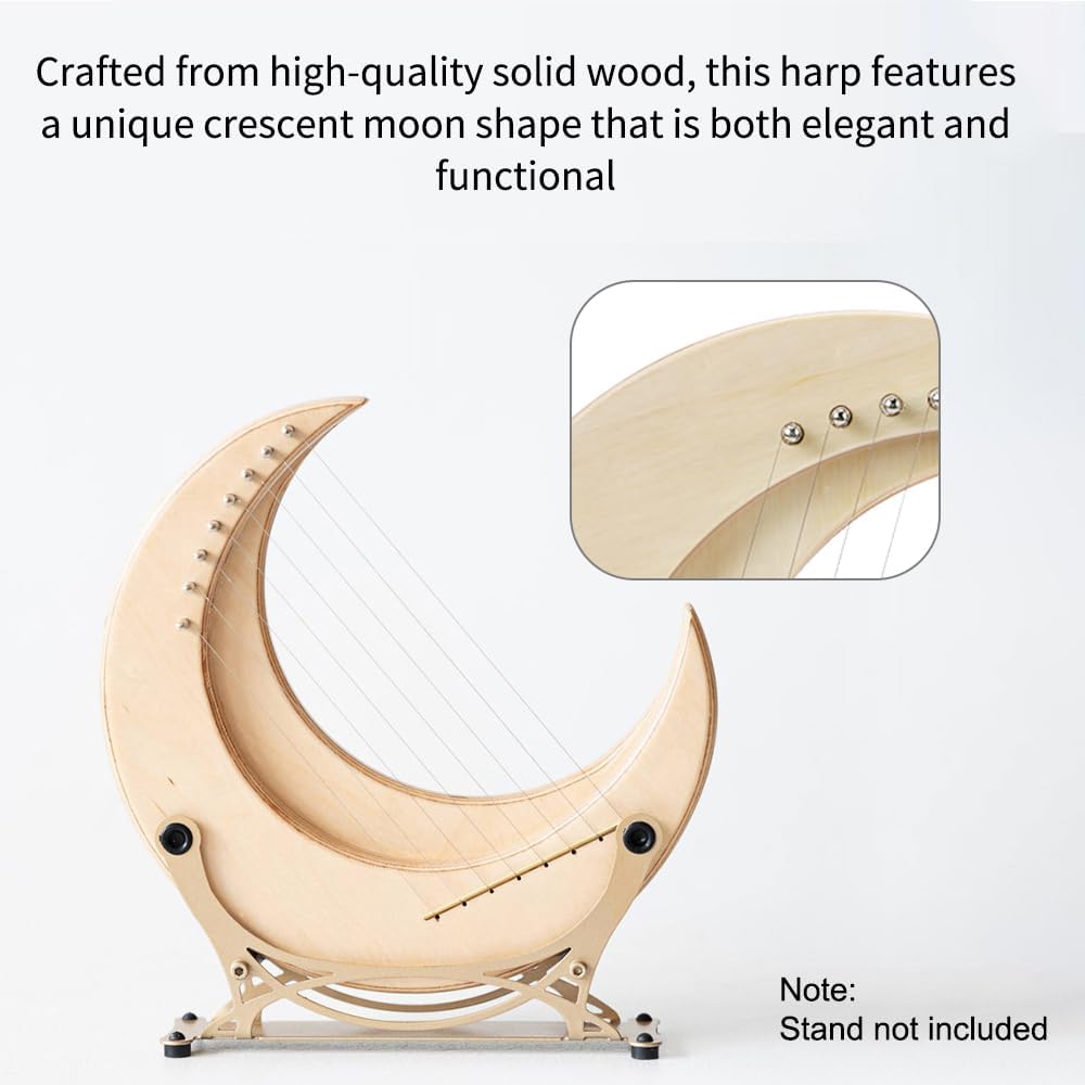 Lyre Harp, Portable Harp Strings Instrument, Wooden Harp, with Tuning Wrench Spare String Anti Slip Pad String Column Cover Wood Chips,Moon Shape (Wood Color & 8 Strings)