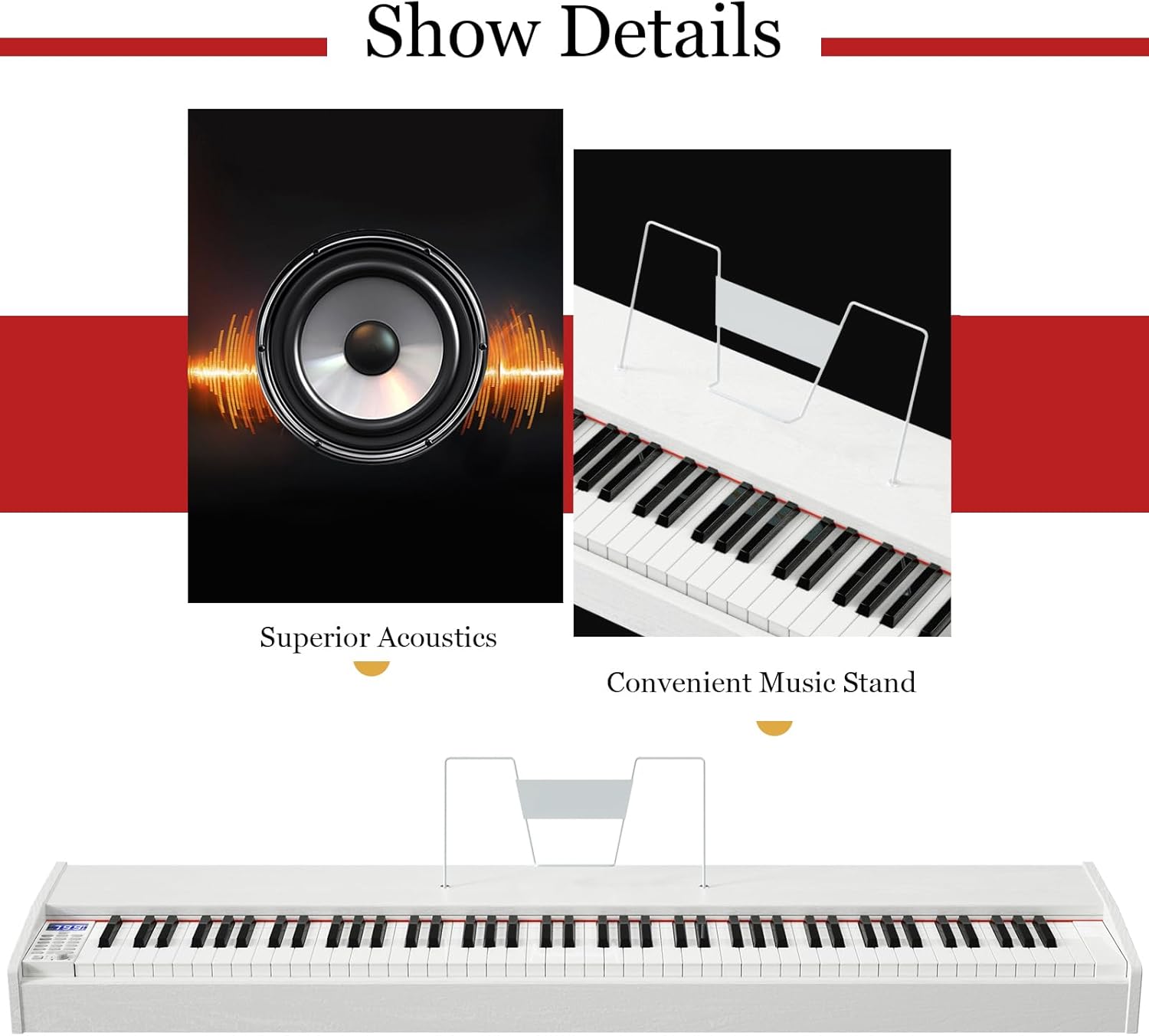 88-Key Digital Piano Keyboard, Full Size Weighted Keyboards with Music Stand, MIDI, Headphone and Piano Cover (White)