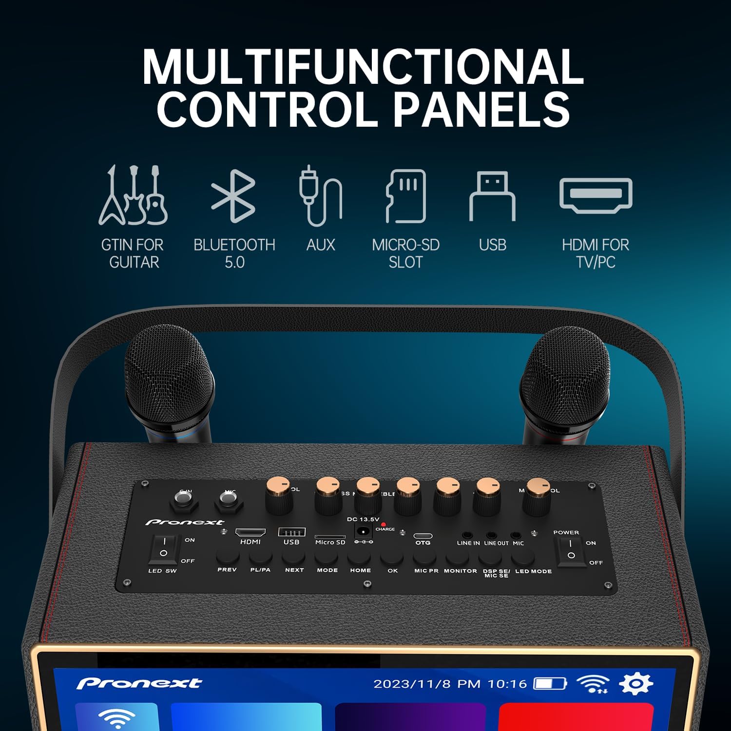 PRONEXT Karaoke Machine with Lyrics Display Screen for Adults, Bluetooth Speaker with 2 Rechargeable UHF Mics, 14