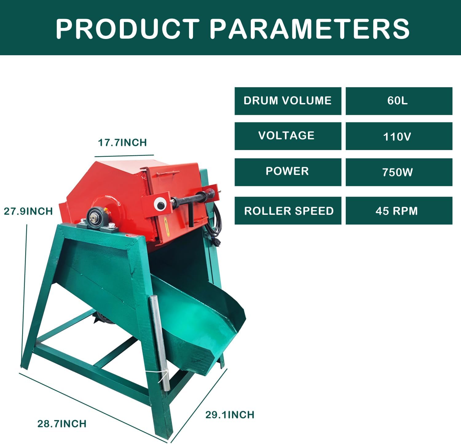 60L Vibratory Polishing Machine 17.7 Inch Professional Roller Polisher & Deburring Machine with 45 RPM for Metal Parts Cleaning Polishing Surface Finishing 110V 750W