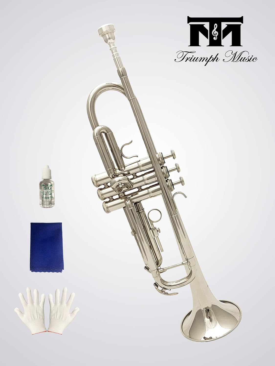 Triumph Bb Trumpet, Brass Instrument, Standard Trumpet Set for Students Beginners with Hard Case, Valve Oil, Cleaning Kit, 7C Mouthpiece, White Gloves, 6416N (Nickel Silver)