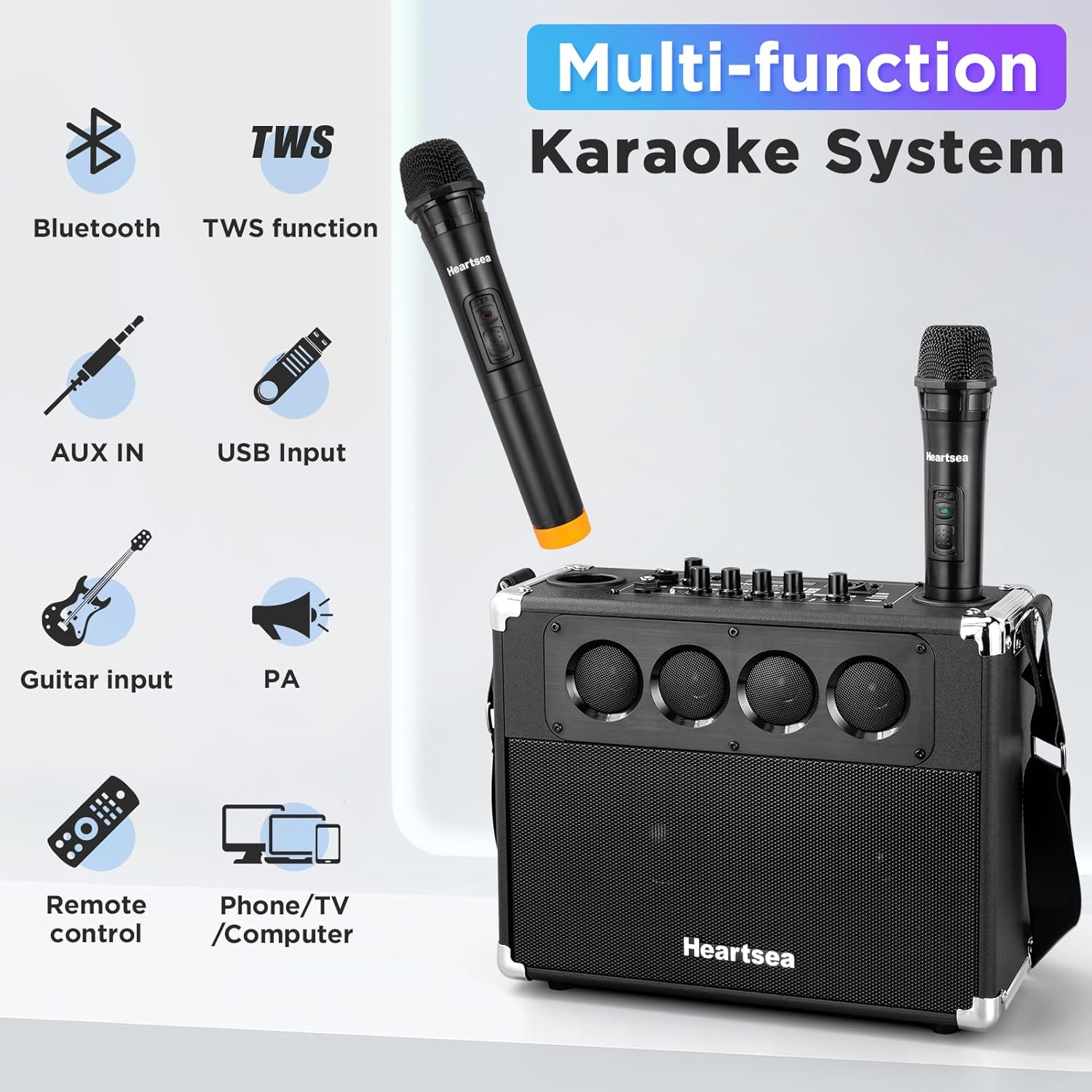HEARTSEA Karaoke Machine with 2 Wireless Microphones, Portable Bluetooth Karaoke Speaker for Adults, Home Party & Outdoor Use, 100W 3-Way PA System, TWS Pairing, Rechargeable Battery