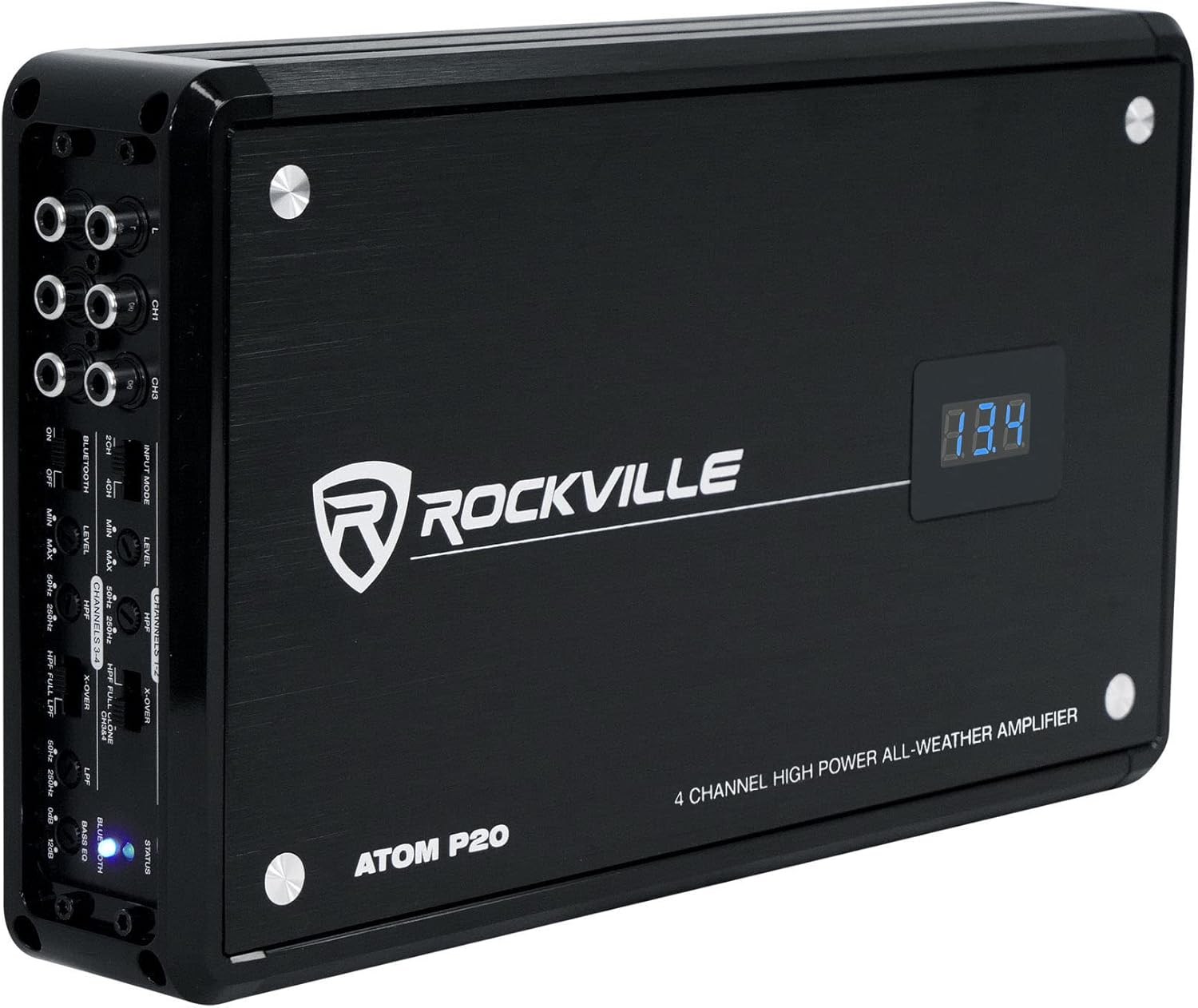Rockville ATOM P20 Marine/ATV/Car Amplifier, 1600W, 4-Channel, Class-AB, Bluetooth, Dyno-Certified, Volt Meter, Perfect for Boats, ATVs, and Car Audio