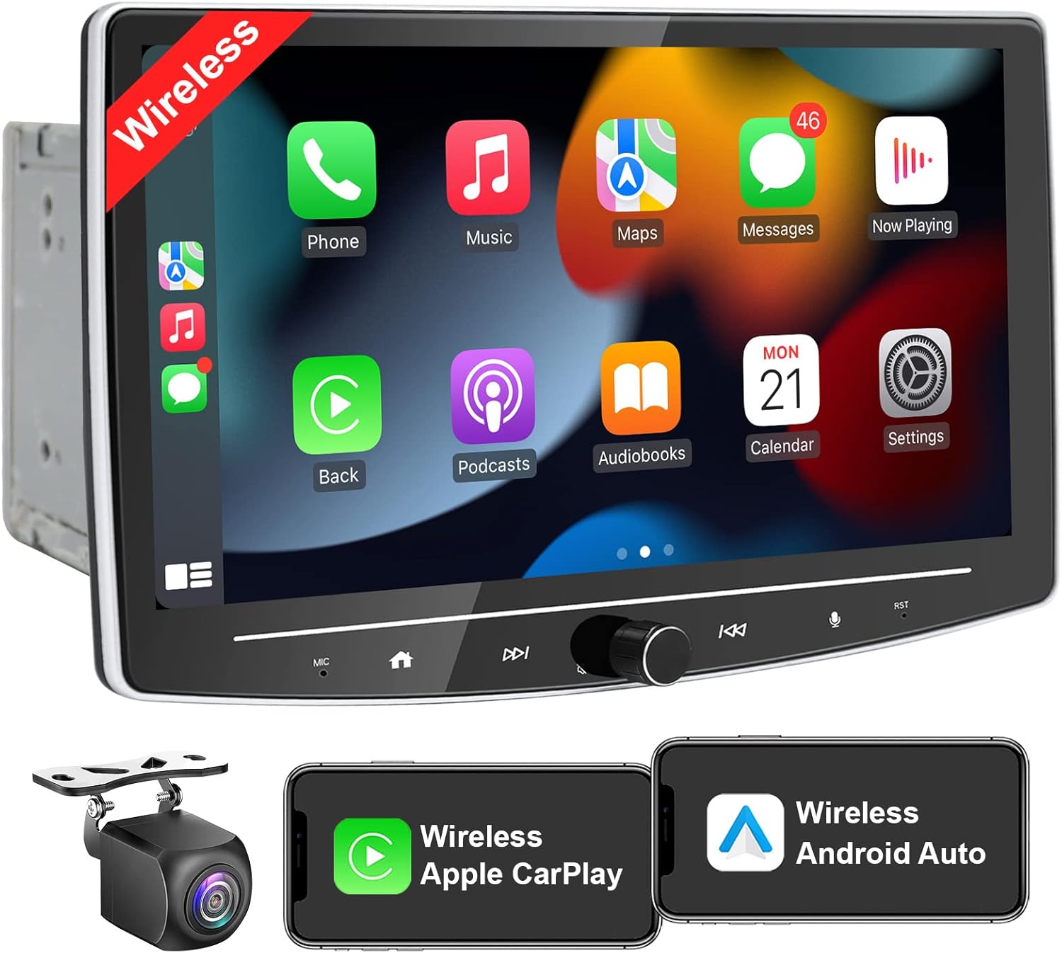 10 in Double Din Car Stereo with Wireless Apple CarPlay Android Auto, 8 Core Android Car Radio with Detachable QLED Touchscreen Bluetooth,WiFi,FM,GPS Navigation,Subwoofer,USB/SWC/AUX (2+32G)