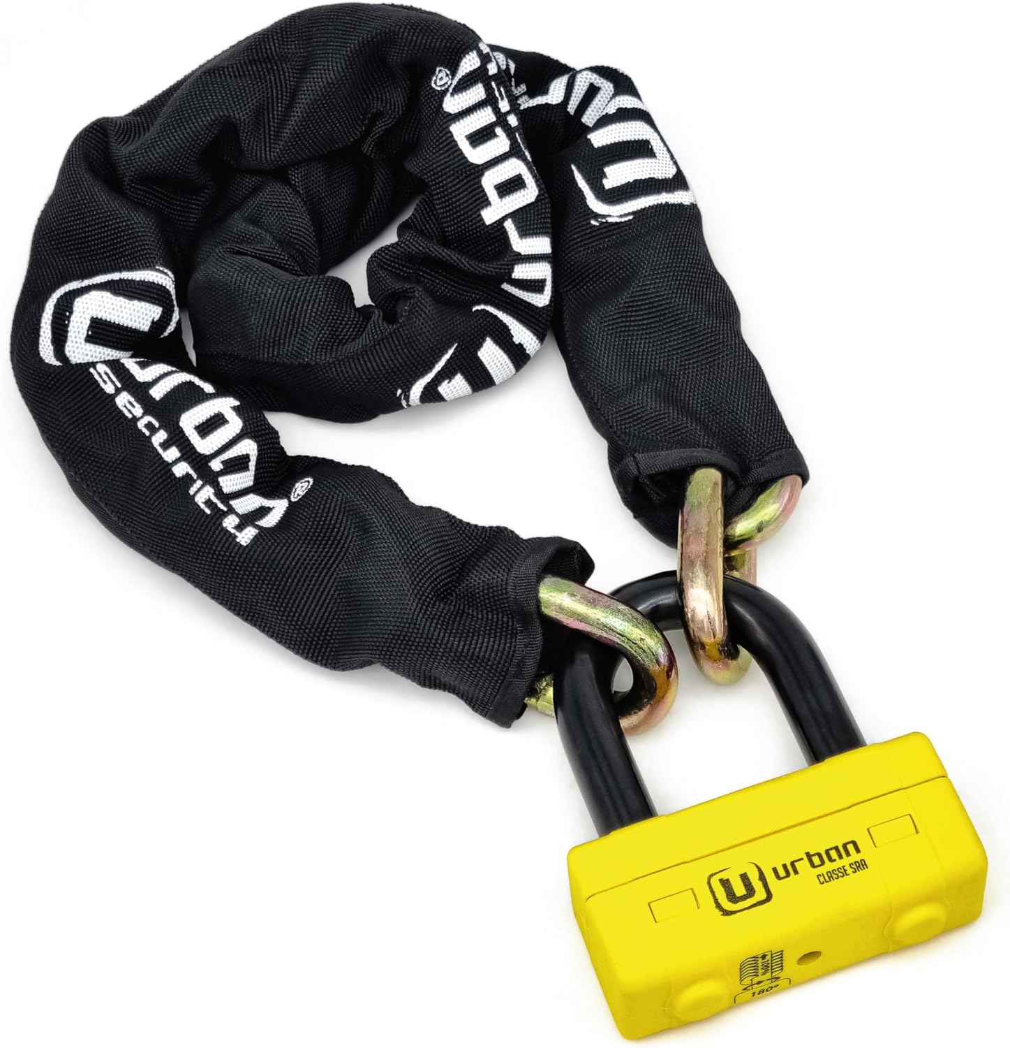 urban UR74150 Motorbike Disk Anti-Theft High Security Motorcycle Padlock Homologated Classe SRA, Mini U Disc U-Lock + Chain ø13.5, 150cm, Yellow