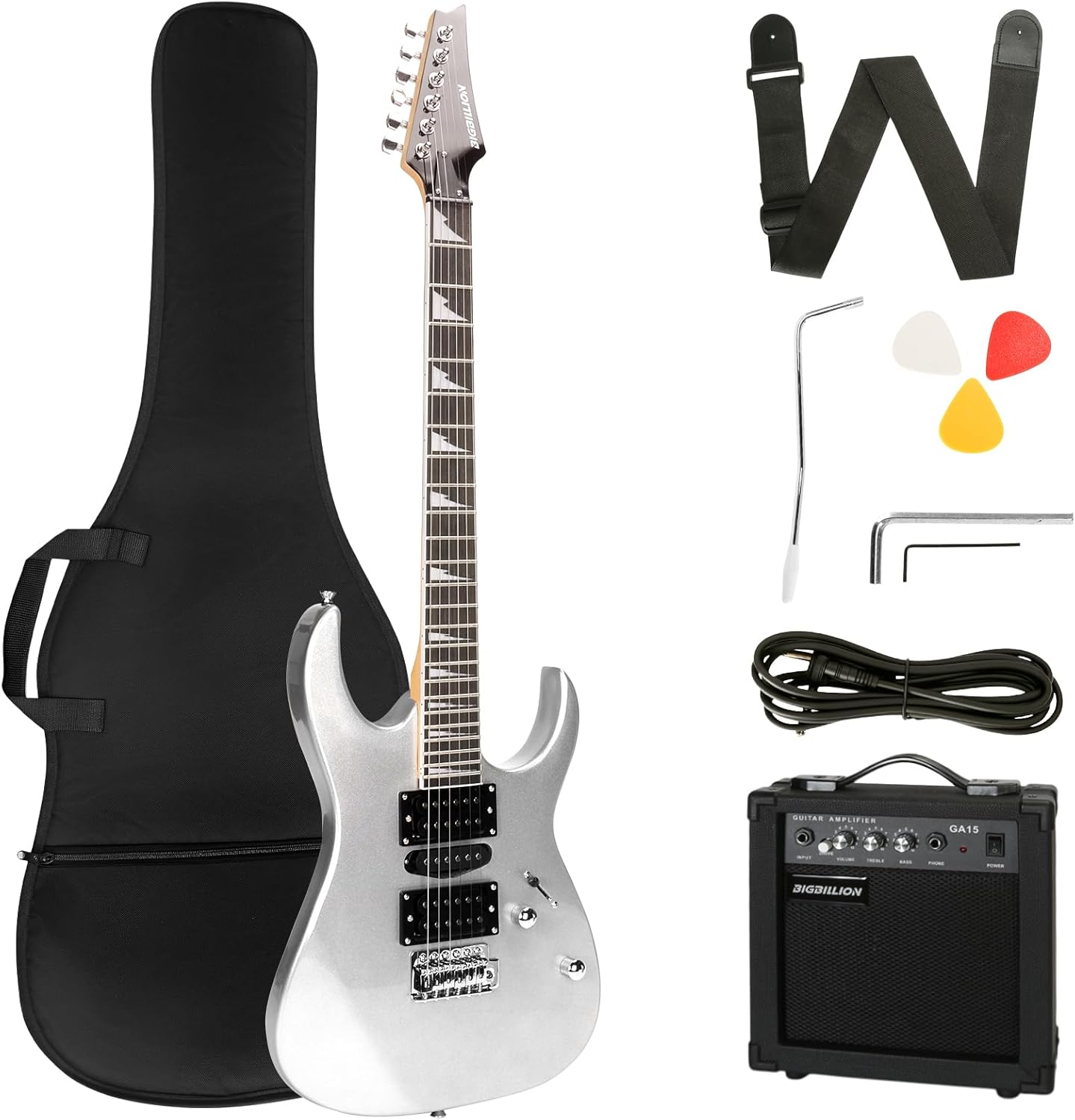 Electric Guitar Beginner Starter Practic Full Size Solid Wood HSH Pickups with Amplifier, Bag, Capo, Strap,Cable, Picks, (39