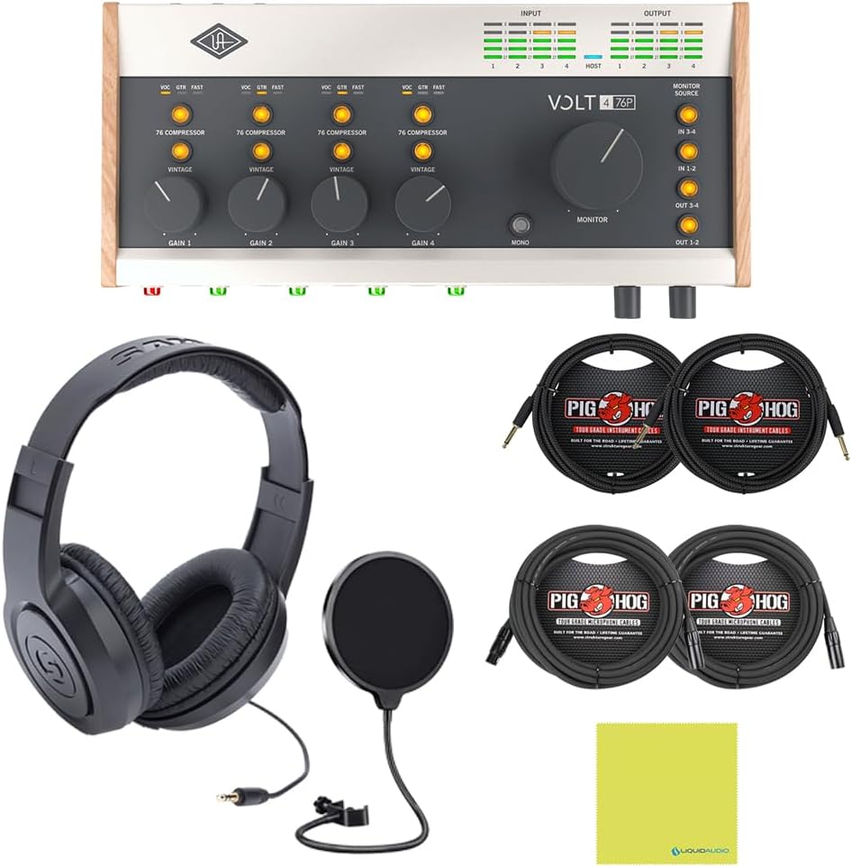 Universal Audio Volt 476P USB-C Audio Interface Bundle w/Samson Over-Ear Stereo Headphones, 2-Pack Pig Hog 8mm XLR Mic Cable, 2-Pack Pig Hog 