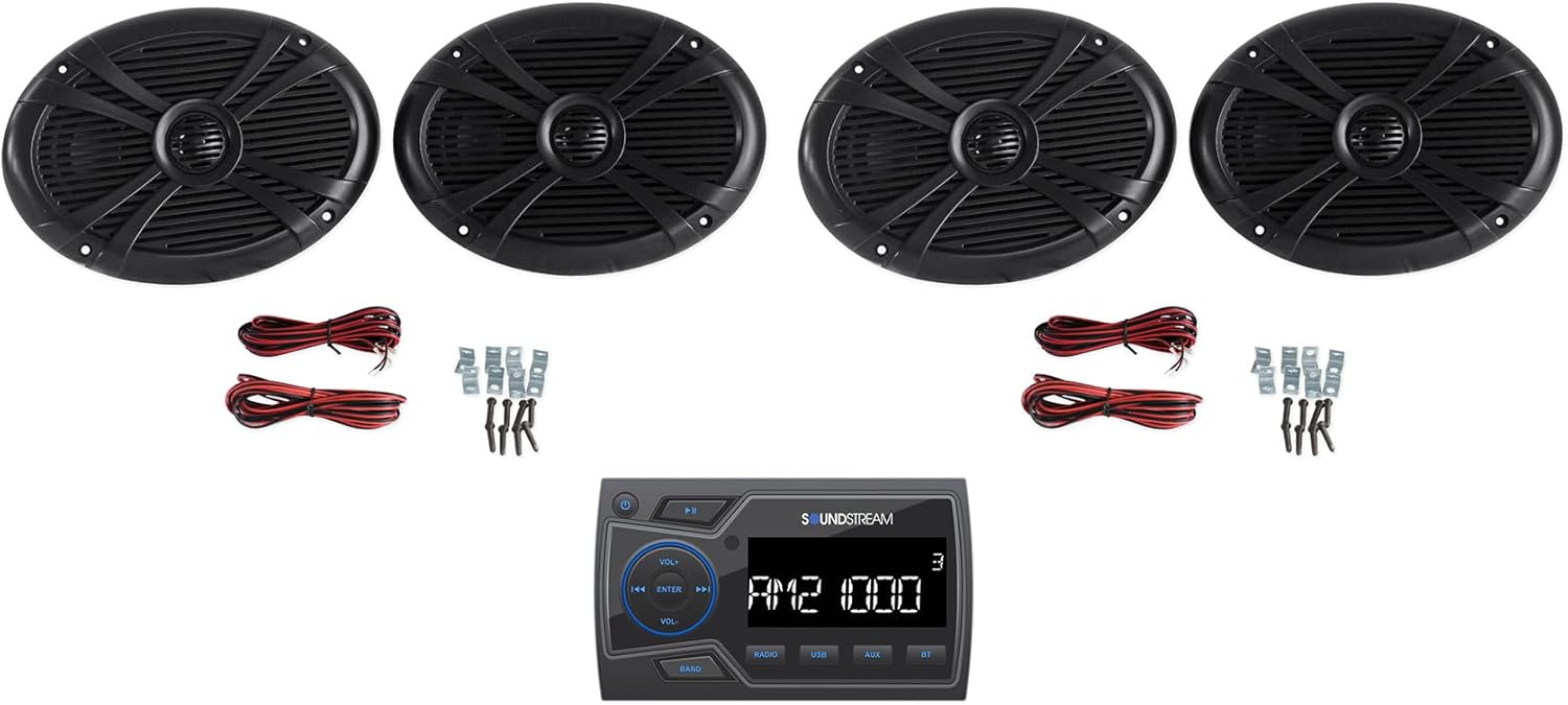Audiosavings Bundle: Soundstream MHU-32 Marine ATV/UTV Digital Media Receiver Bluetooth/AUX/USB Bundle with (2) Pair Rockville RMSTS69B 6x9 1000w Waterproof Marine Speakers 2-Way (3 Items)