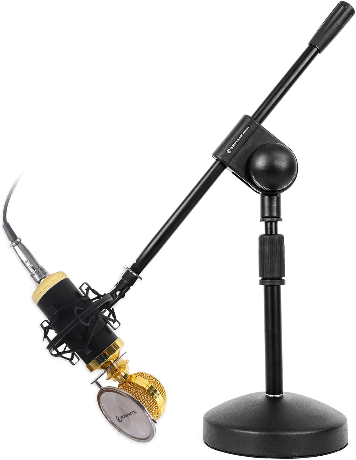 Rockville RCM02 Bundle: Studio Recording Condenser Microphone with Metal Shock Mount, RDMS70 Desktop Boom Stand with Steel Round Base and Adjustable Height for Podcast, Voiceover, Streaming, 2-Items