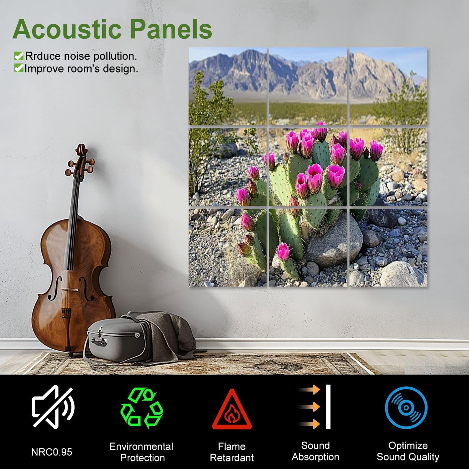 Art Acoustic Panels Self Adhesive Selective Focus Blooming Beavertail Cactus Desert 9 Packs Decorative Soundproof Wall Panels Large Sound Absorbing Panels for Home Office 60