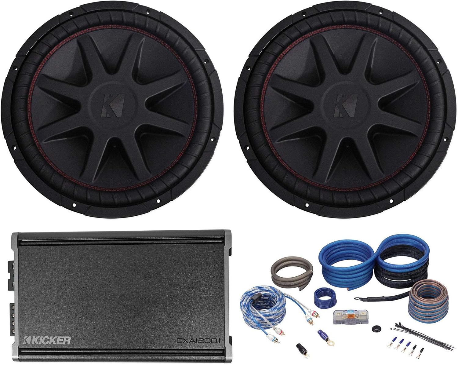 KICKER (2) 43CVR152 COMPVR 11000W DVC 2-Ohm Car Sub Bundle 46CXA12001T CXA1200.1 1200W RMS Car Stereo Amp and Rockville RWK4CU 4 AWG Gauge Amp Installation Wire Kit OFC