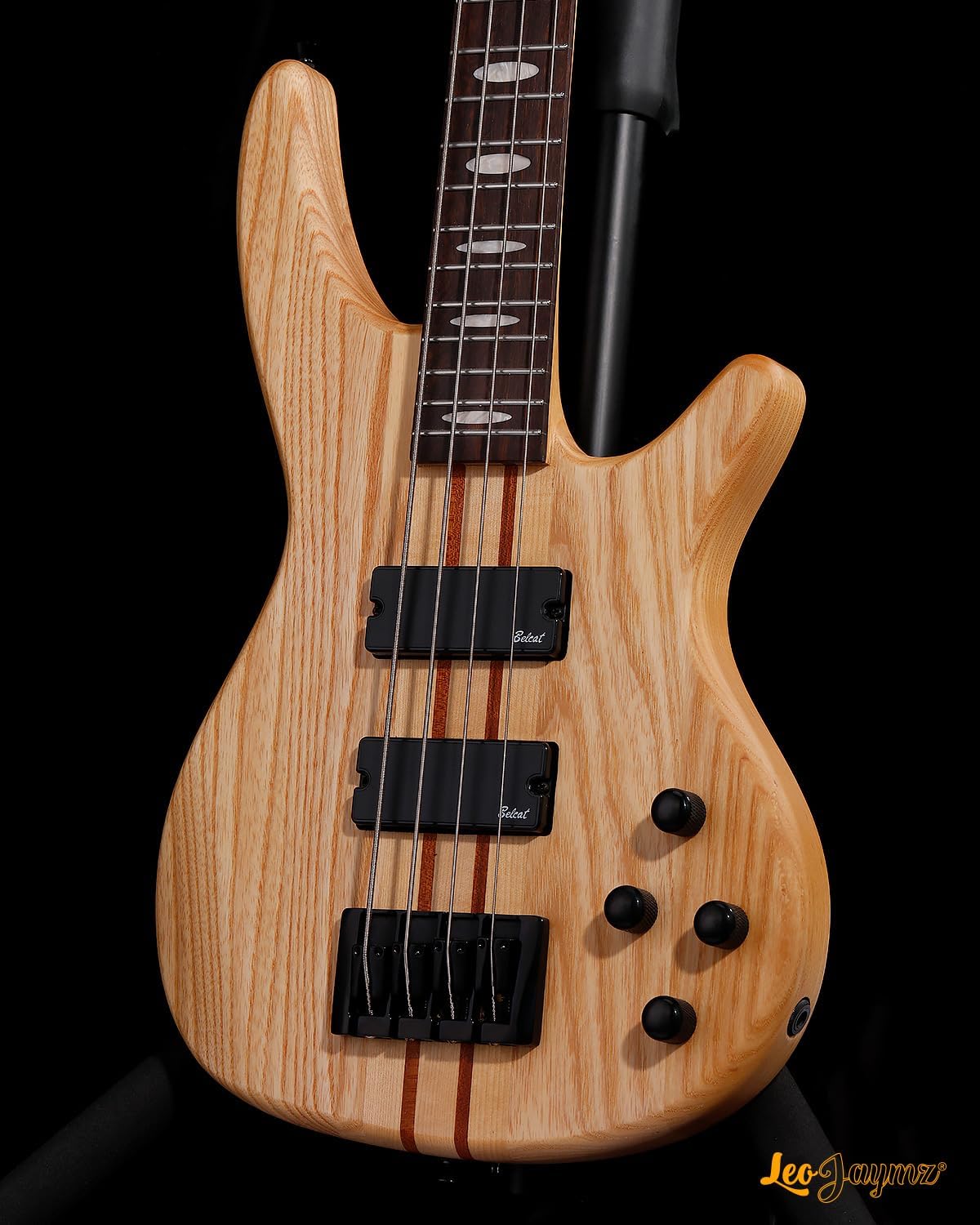 Leo Jaymz Solid Body 4-String Bass Guitar, Solid ASH Body with Maple and Sapele Neck, Laurel Fingerboard, Dual Humbucker Pickups, 34-Inch Scale, 24 Stainless Steel Frets for Studio & Live Performance
