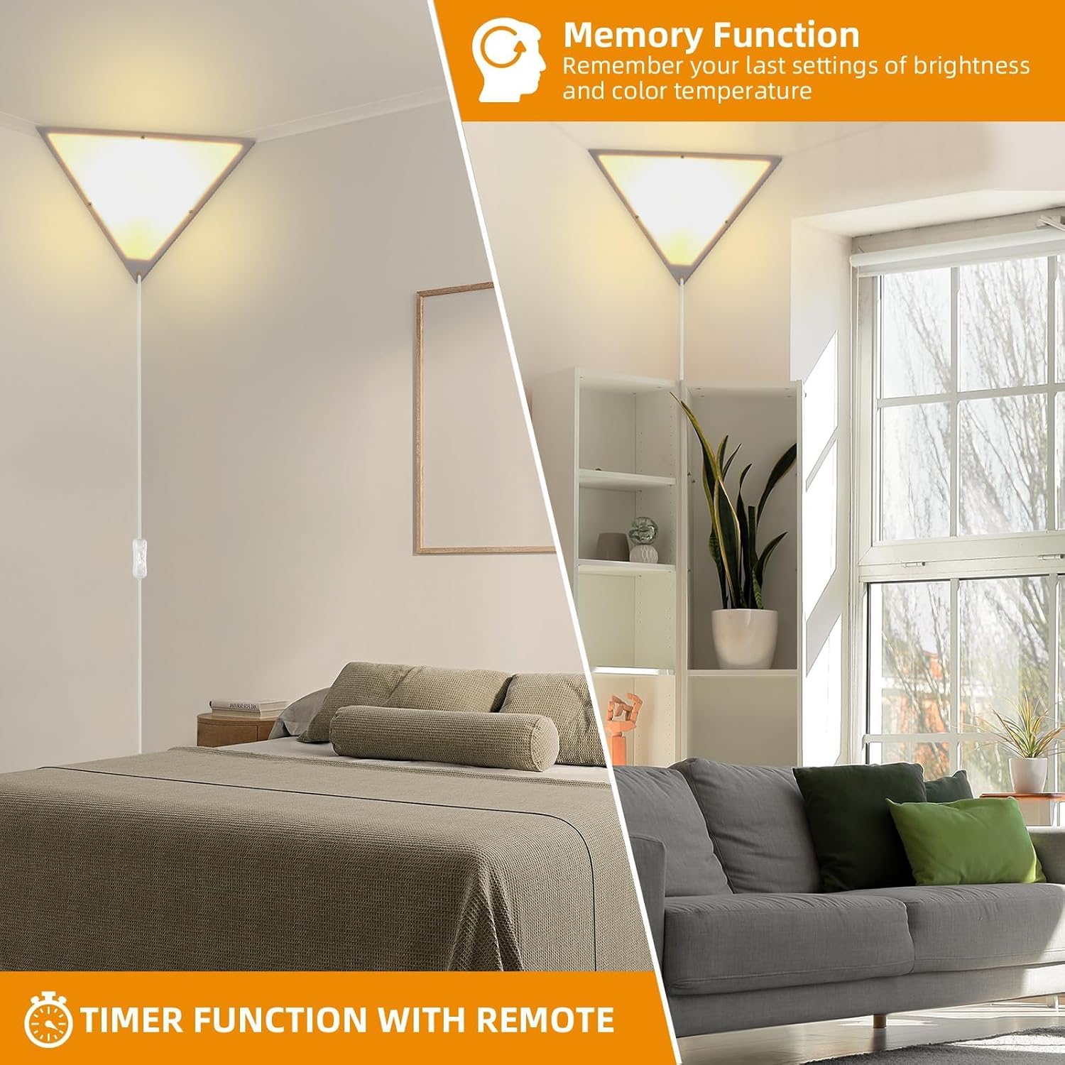 2 Pack Corner Light with 9W LED Bulb and Remote, 3 Color Temperature Corner Lamp, Dimmable Plug in Pendant Light with Acrylic Shade, Plug in Ceiling Light for Living Room, Bedroom