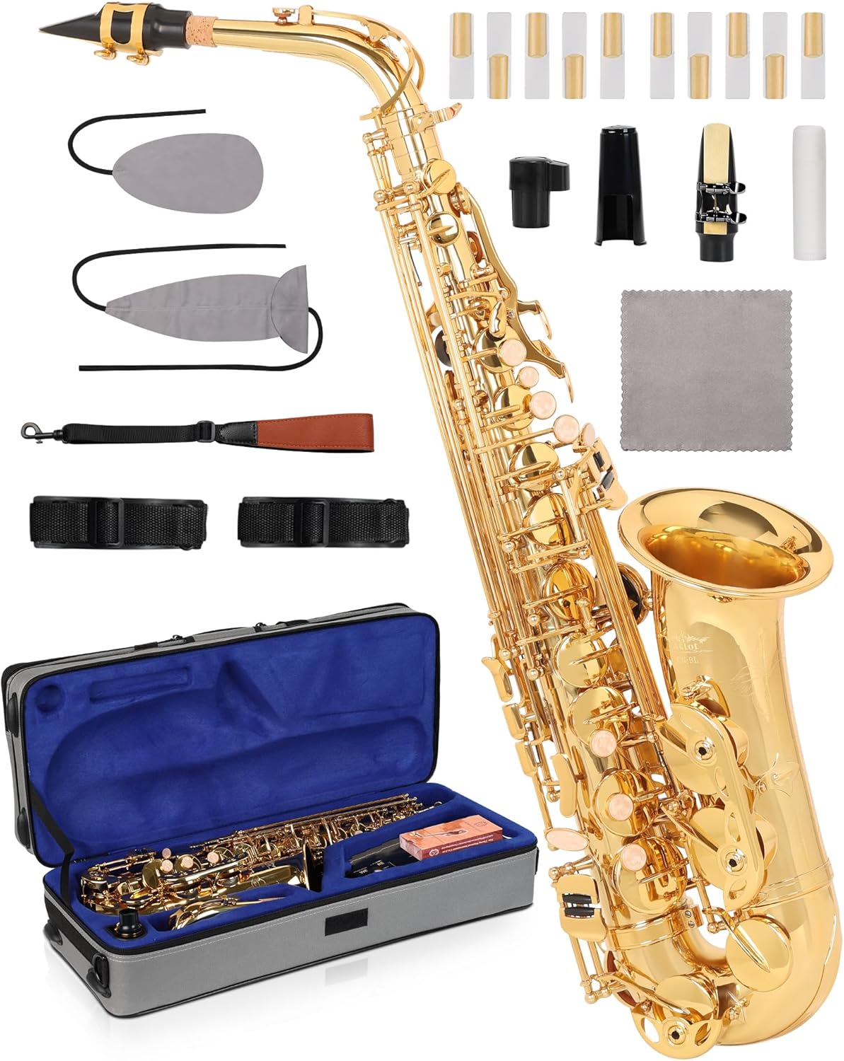 AKLOT Handcrafted E-Flat Alto Saxophone: Gold Brass Body with Clear, Balanced Tone, Secure Air Seal, Durable 23-Key System, Includes Stylish Case, Saxophone Cleaning Kit, Reeds & Gloves (BL-SF)