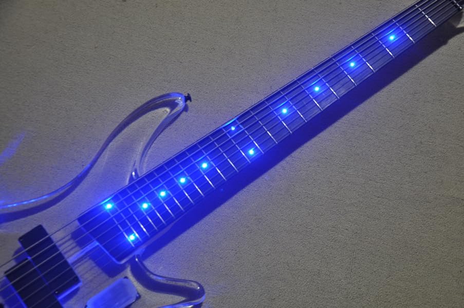 7-String Electric Bass Guitar with Blue LED Acrylic Body, Rosewood Fretboard, and Black Hardware