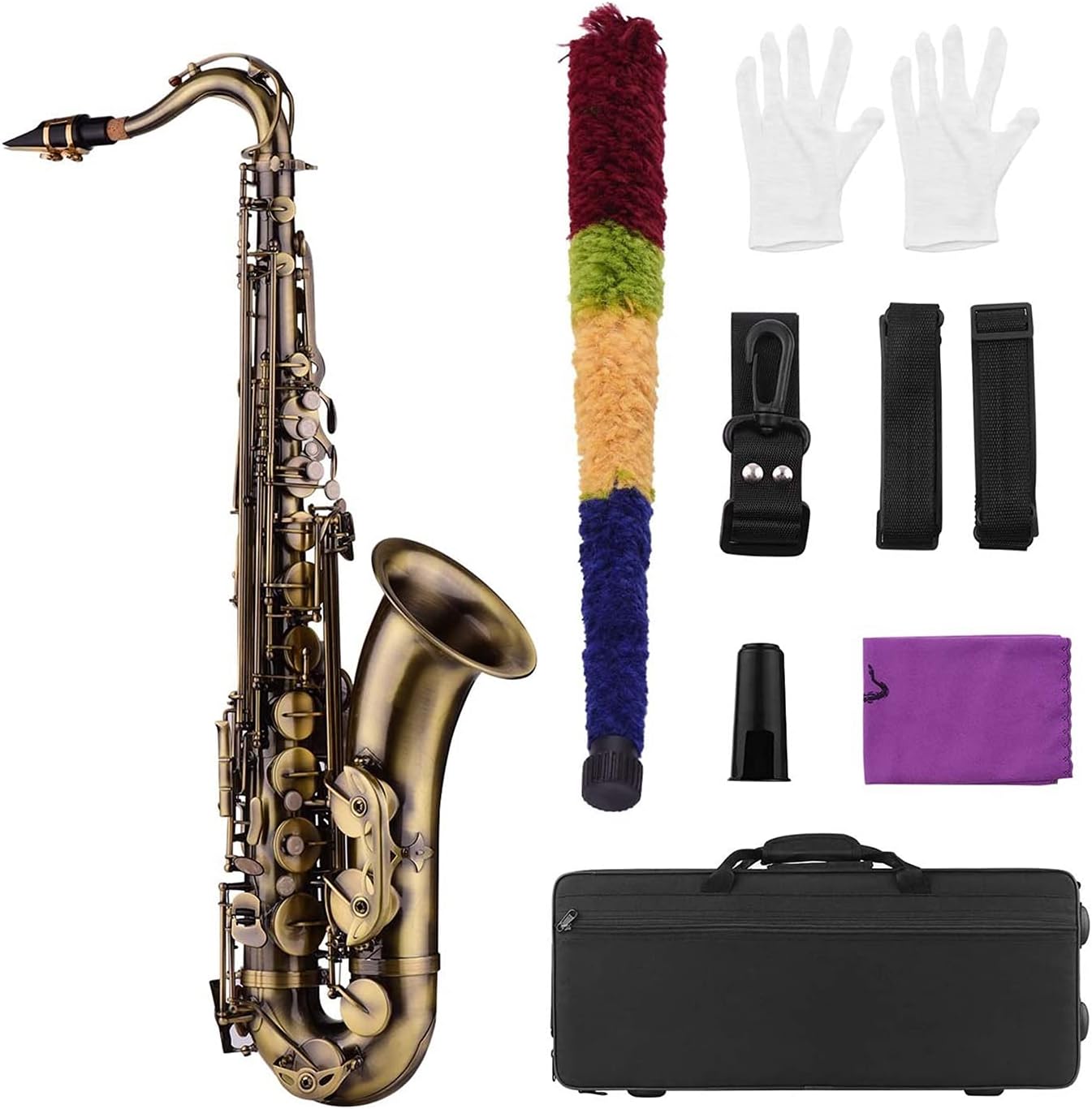 Sax Beginners Kit Antique Finish Bb Tenor Saxophone Sax Brass Body White Shell Keys Woodwind Instrument with Carry Case Wind Instrument