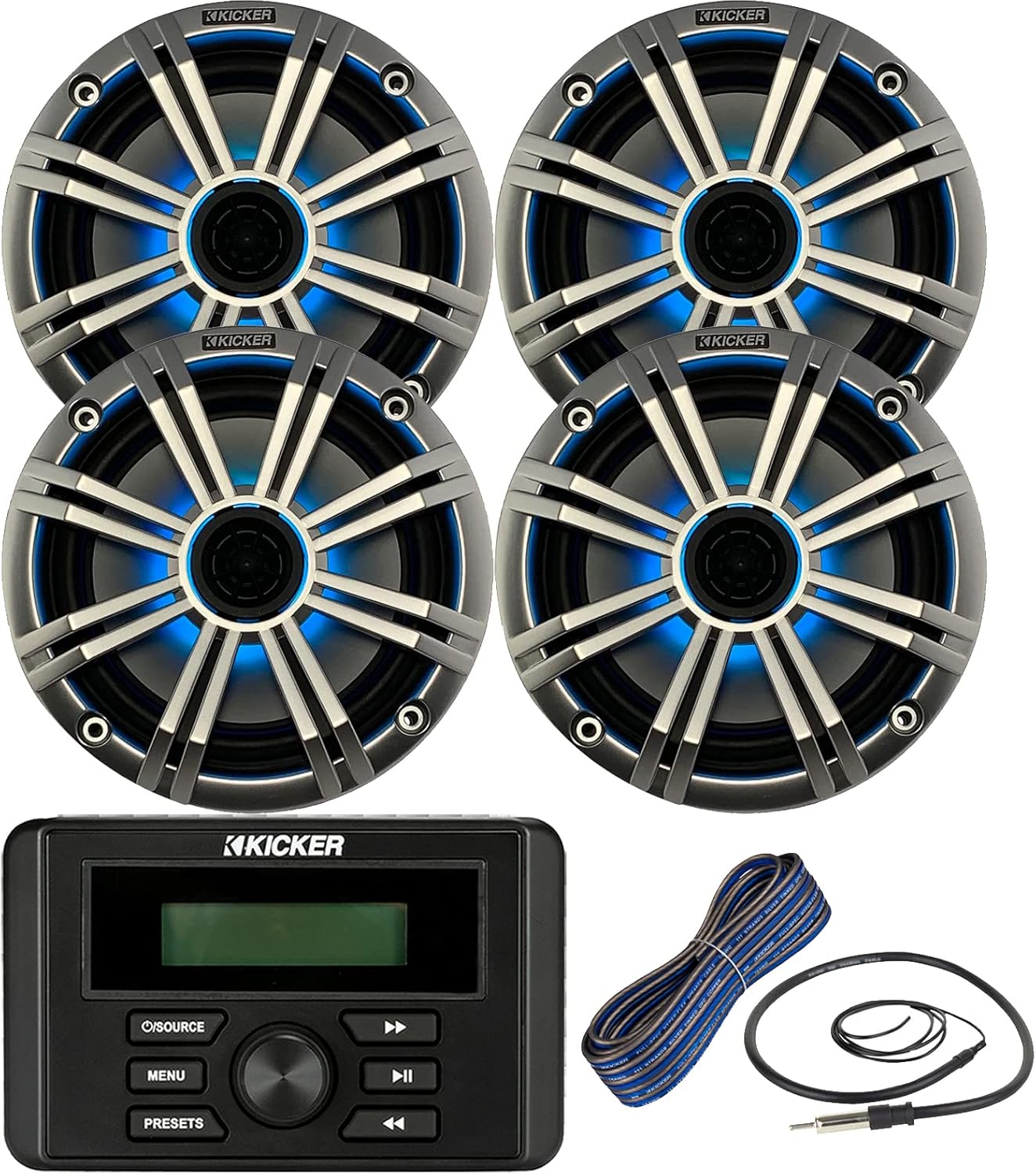 KICKER Weather-Resistant Marine Bluetooth USB RCA Stereo Receiver Bundle Combo with (Qty 4) 6.5