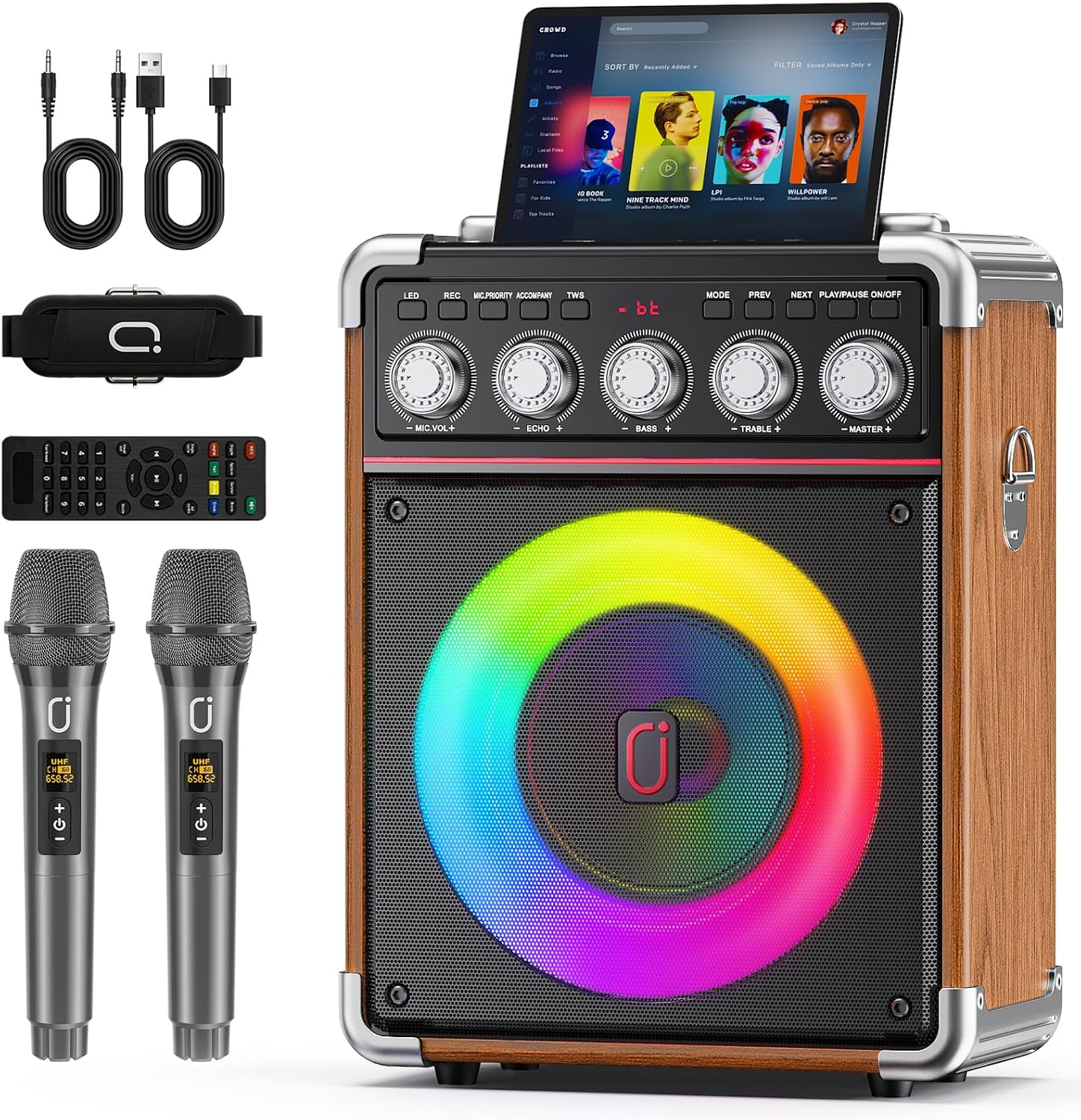 Karaoke Machine for Adults with 2 Wireless Microphones, Portable Bluetooth 5.3 Speaker with Bass/Treble/Echo Adjustment, PA System with Remote Control, Supports TWS/TV/TF Card/USB/AUX