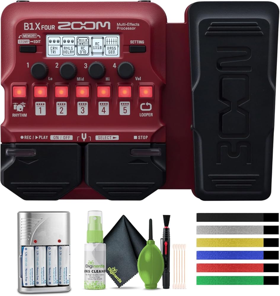 Zoom B1X Four Bass Multi-Effects Processor with Expression Pedal + 4x AA Batteries With Charger + Cleaning kit + Wire Ties