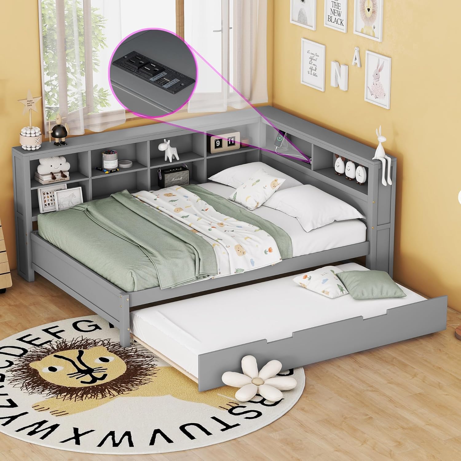 Wooden Twin Daybed with Trundle and Storage Shelf, Twin Size Daybed Frame with Charging Station, for Bedroom, Guest Room Grey (Product D)