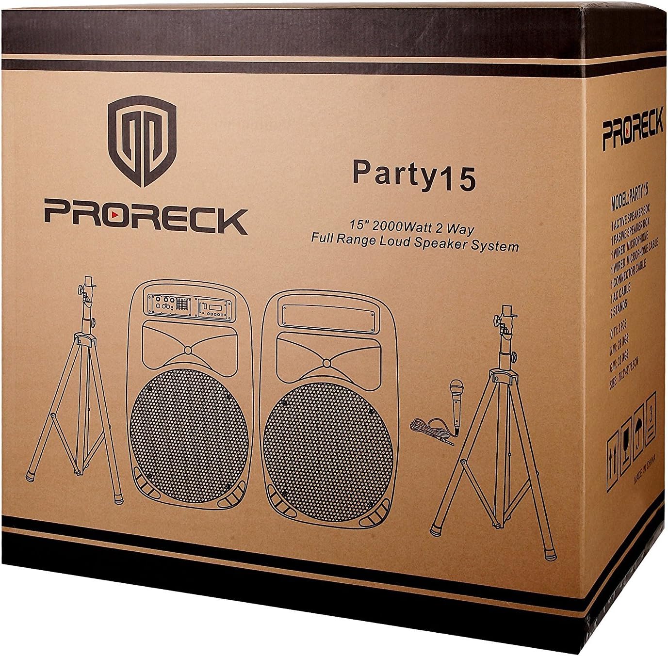 PRORECK Party 15 Portable 15-Inch 2000 Watt 2-Way Powered PA Speaker System Combo Set with Bluetooth/USB/SD Card Reader/FM Radio/Remote Control/LED Light