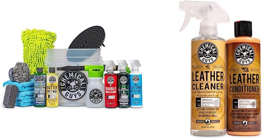 Chemical Guys Arsenal Builder Car Wash Kit with Foam Gun, Bucket and Cleaning Chemicals (Works w/Garden Hose) and Leather Cleaner and Conditioner Kit