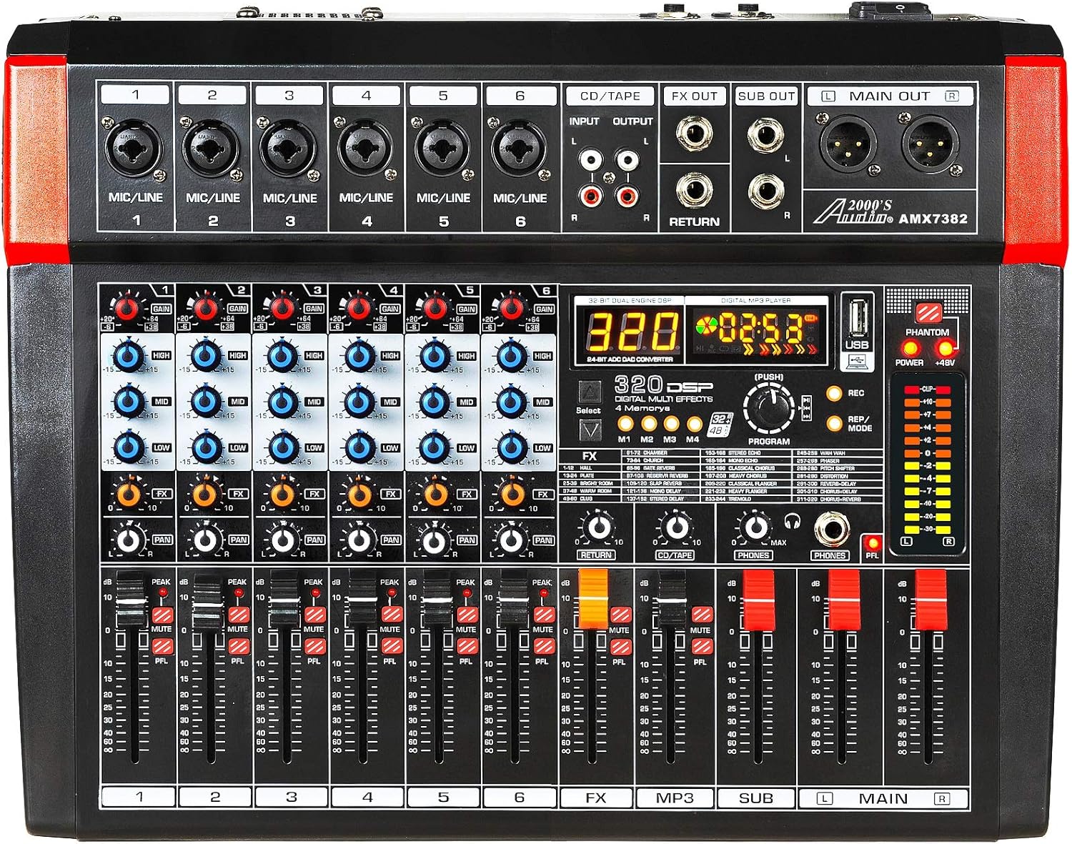 Audio2000'S AMX7382 Six-Channel Powered Audio Mixer with 320 DSP Sound Effects, Stereo Sub Out with Sub-Out Level-Control Fader, Level-Control Faders on All Channels, and USB/Computer Interface