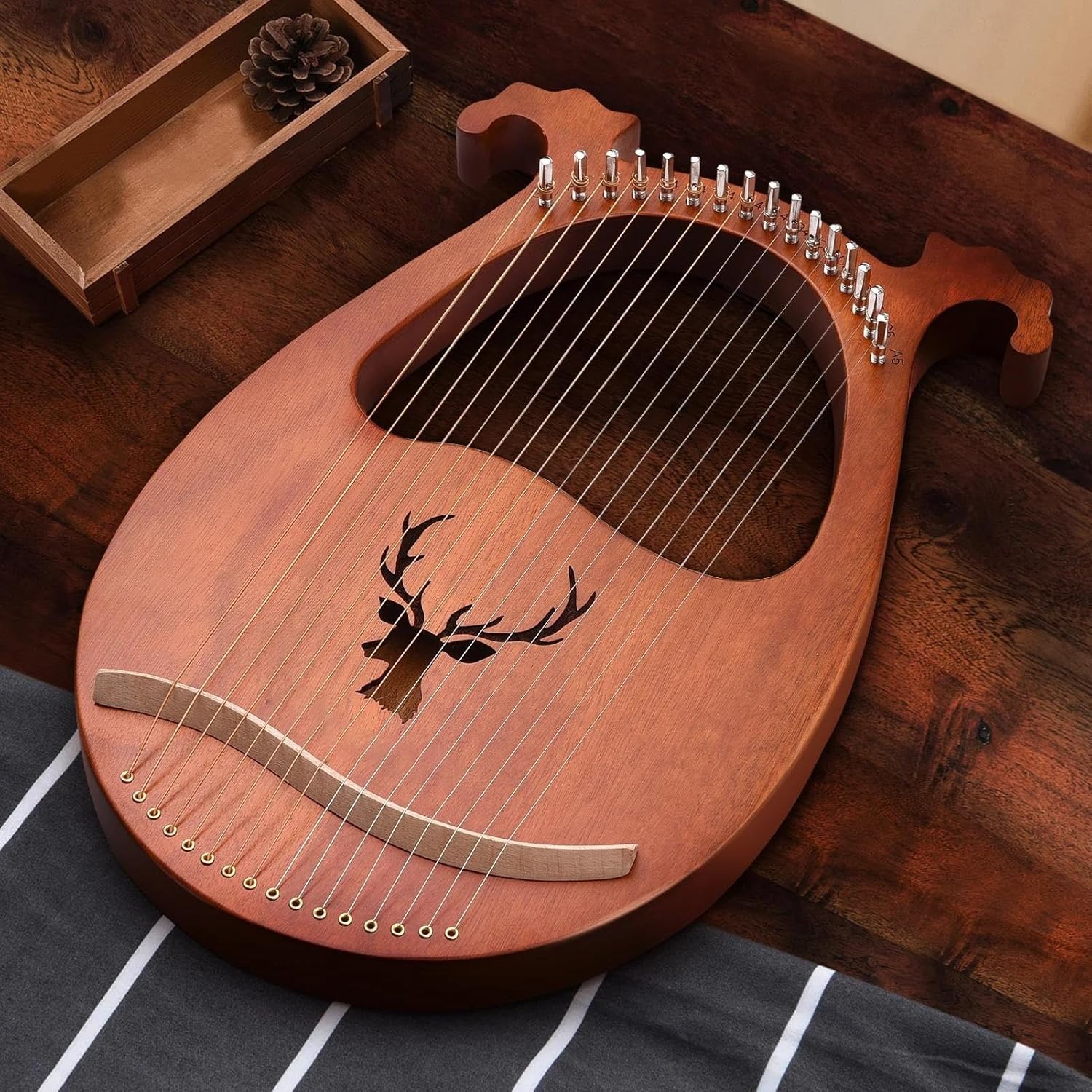 Lyre Harp Set 16 Strings Lyre Harp Solid Wood Strings Instrument Pattern Tuning Hammer Strings Cloth Picks For Beginners