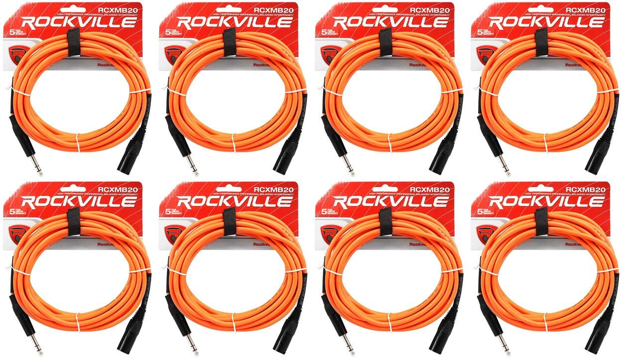 Rockville (8 RCXMB20O 20' Male REAN XLR to 1/4'' TRS Cable Orange 100% Copper