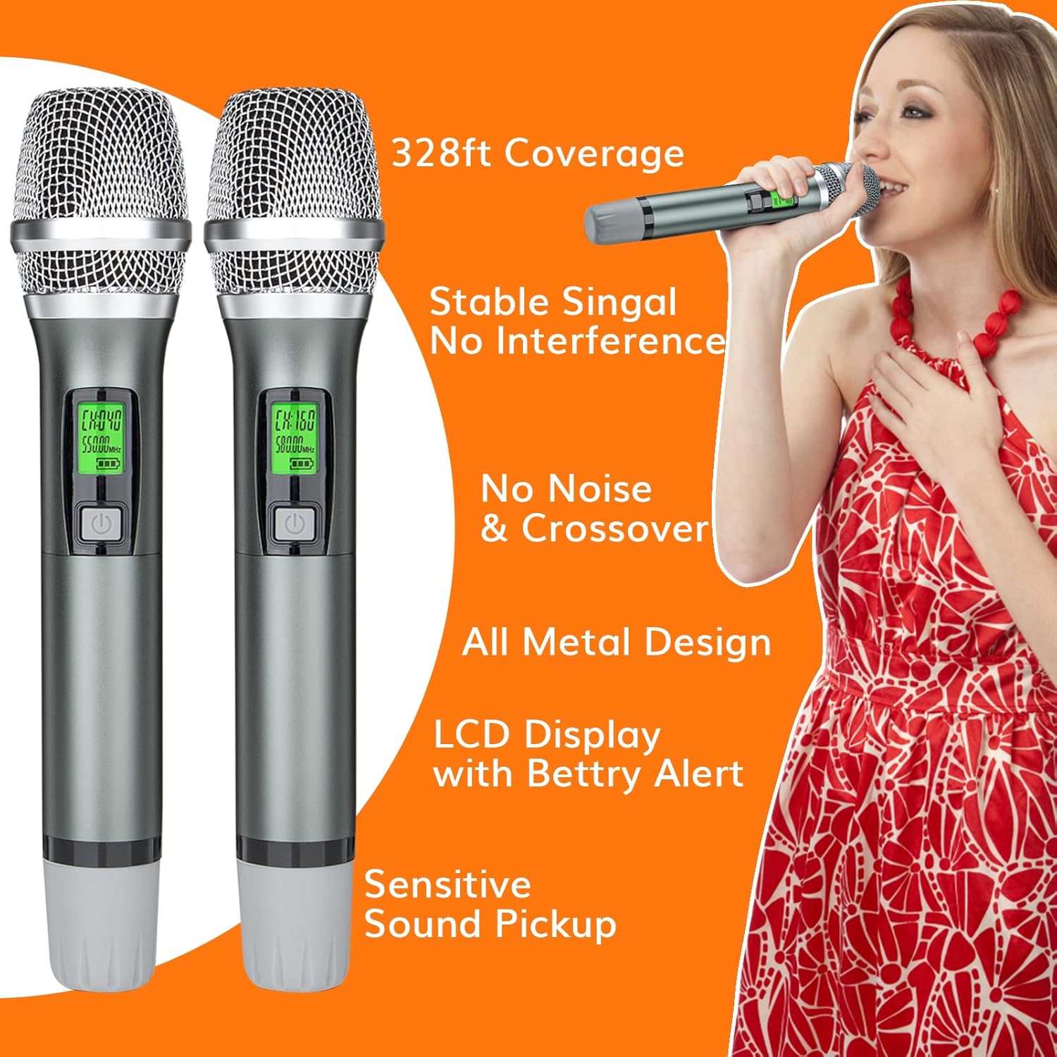 Kimyah Wireless Microphone System, All Metal Dual UHF Cordless Mics of Handheld, 328ft Range, Ideal for Church, Conference and Karaoke, DJ, Wedding(KY-8208)