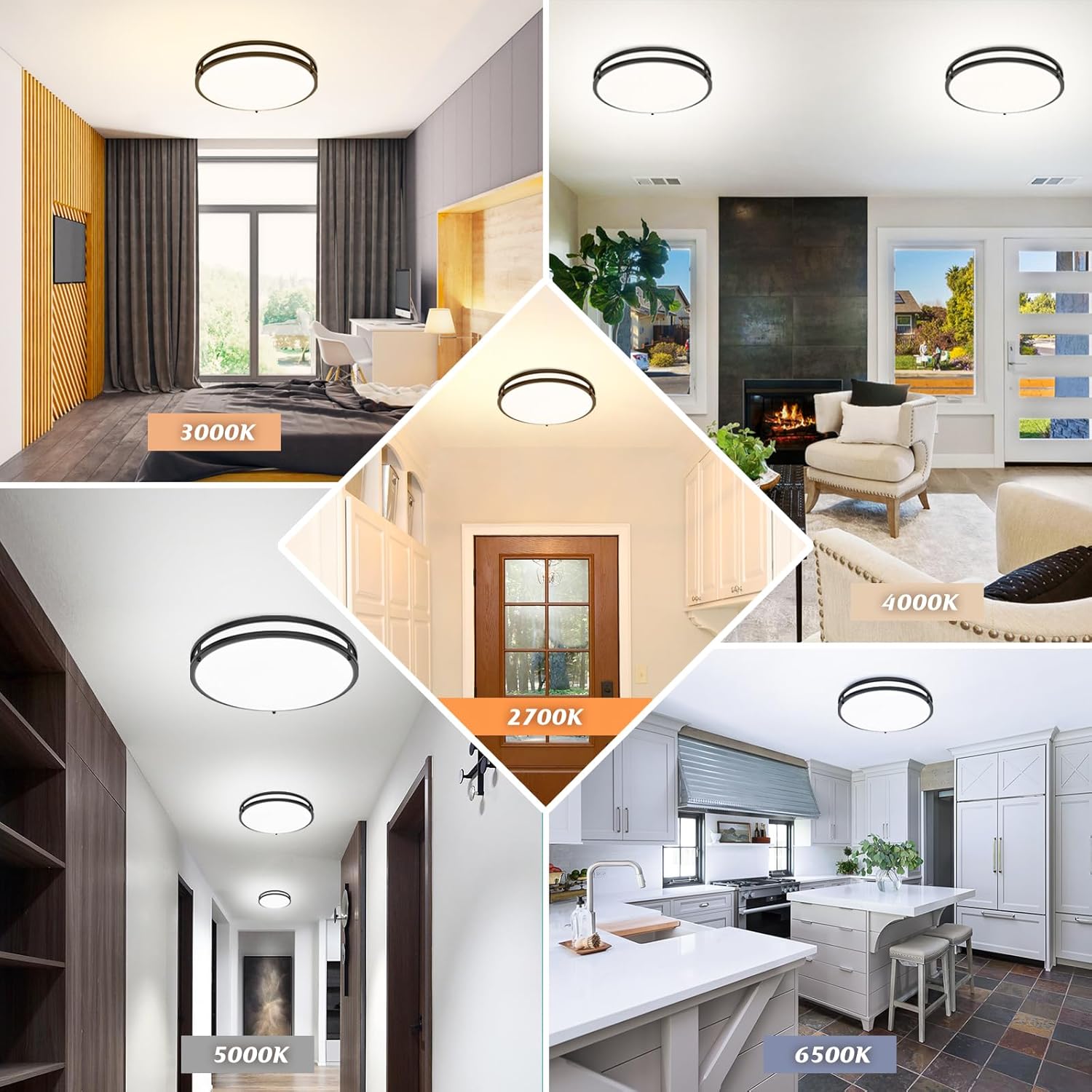 LED Flush Mount Ceiling Light Fixture, 18 Inch Dimmable 5CCT Selectable 2700K Warm White-6500K Super Bright Daylight White, 50W 6000LM Round Black Ceiling Lamps for Living Room Bedroom Kitchen, 1 Pack