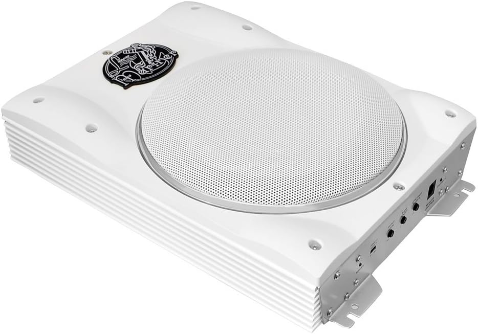 Pyle Lanzar Low Profile Marine Subwoofer System - 1000 Watt 8 Inch Slim Active Waterproof Amplified Bass Speaker - Underseat Mount Audio Sound Amplifier Box, Marine Vehicles - Lanzar AQTB8 (White)