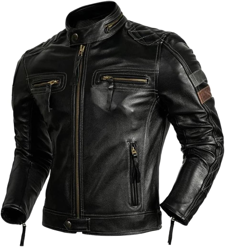 Men Motorcycle Style Plus Size Genuine Natural Cowhide Can Add Protection Device Leather Coat