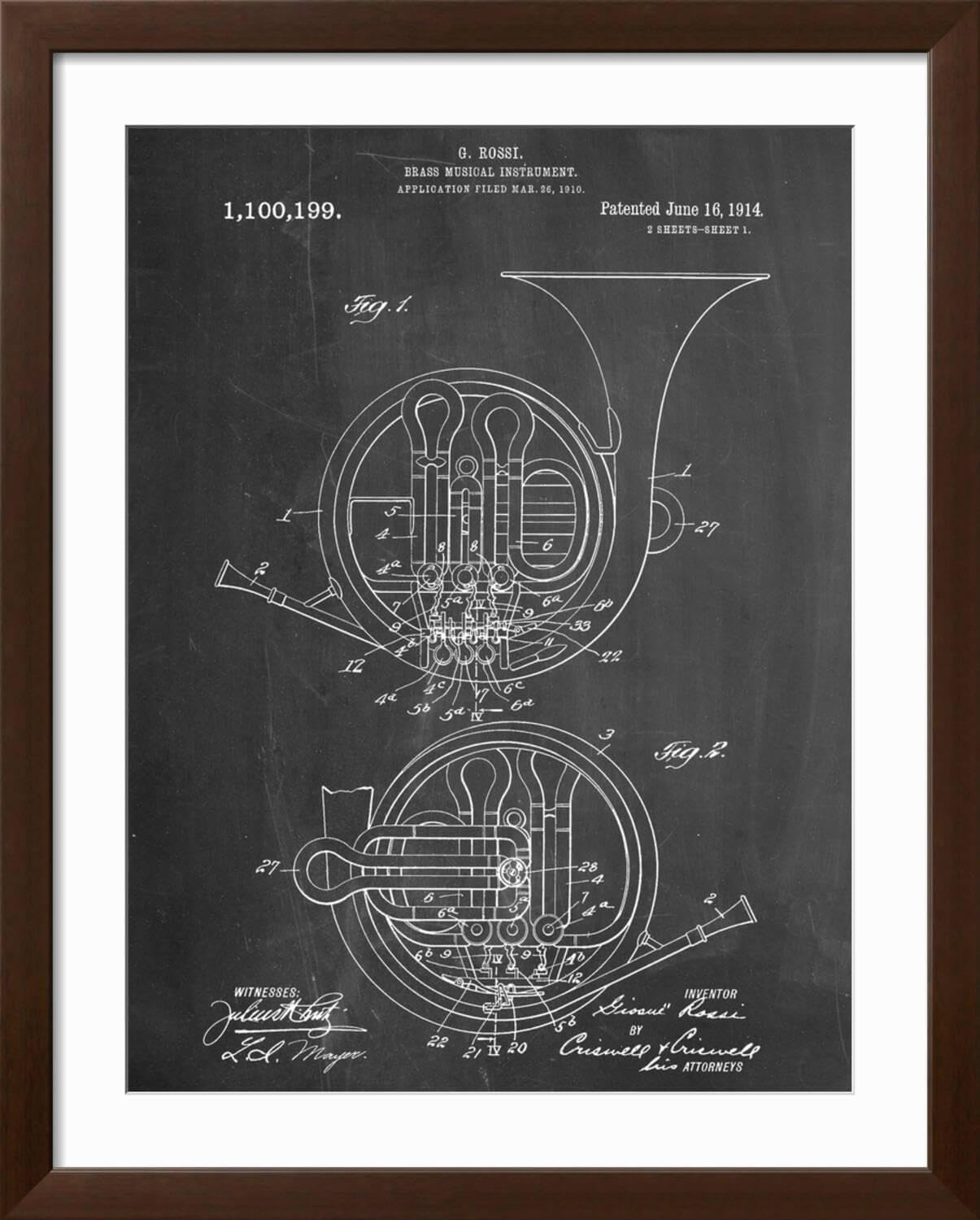 ART.COM Wall Art Print French Horn Instrument Patent on Brown Frame, 32