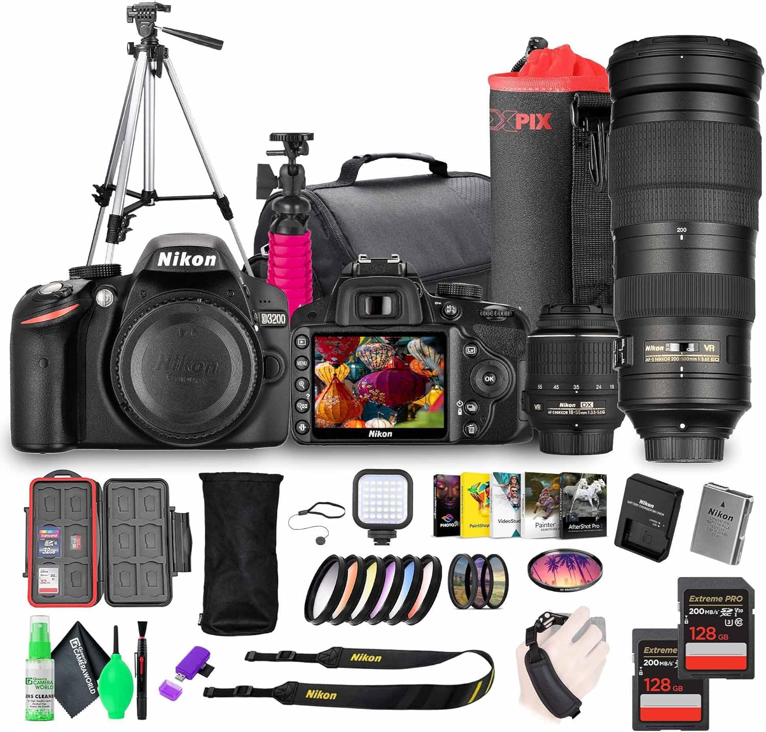 Nikon D3200 24.2MP DSLR Camera Kit with 18-55mm VR Zoom Lens – Full HD 1080p Video Capture, Fast 11-Point Autofocus System + Nikon AF-S NIKKOR 200-500mm f/5.6E ED VR Lens + 128GB Memory Card + More