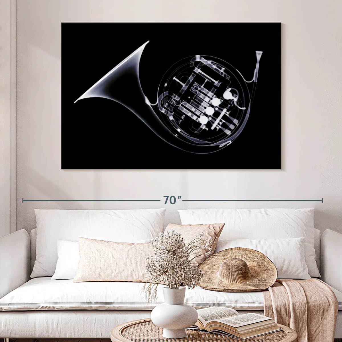 ElephantStock - French Horn X-ray Wall Art - Horizontal Canvas Wall Art - Living Room Wall Decor - Photography Music Canvas Art - Black And Gray Decor - 51