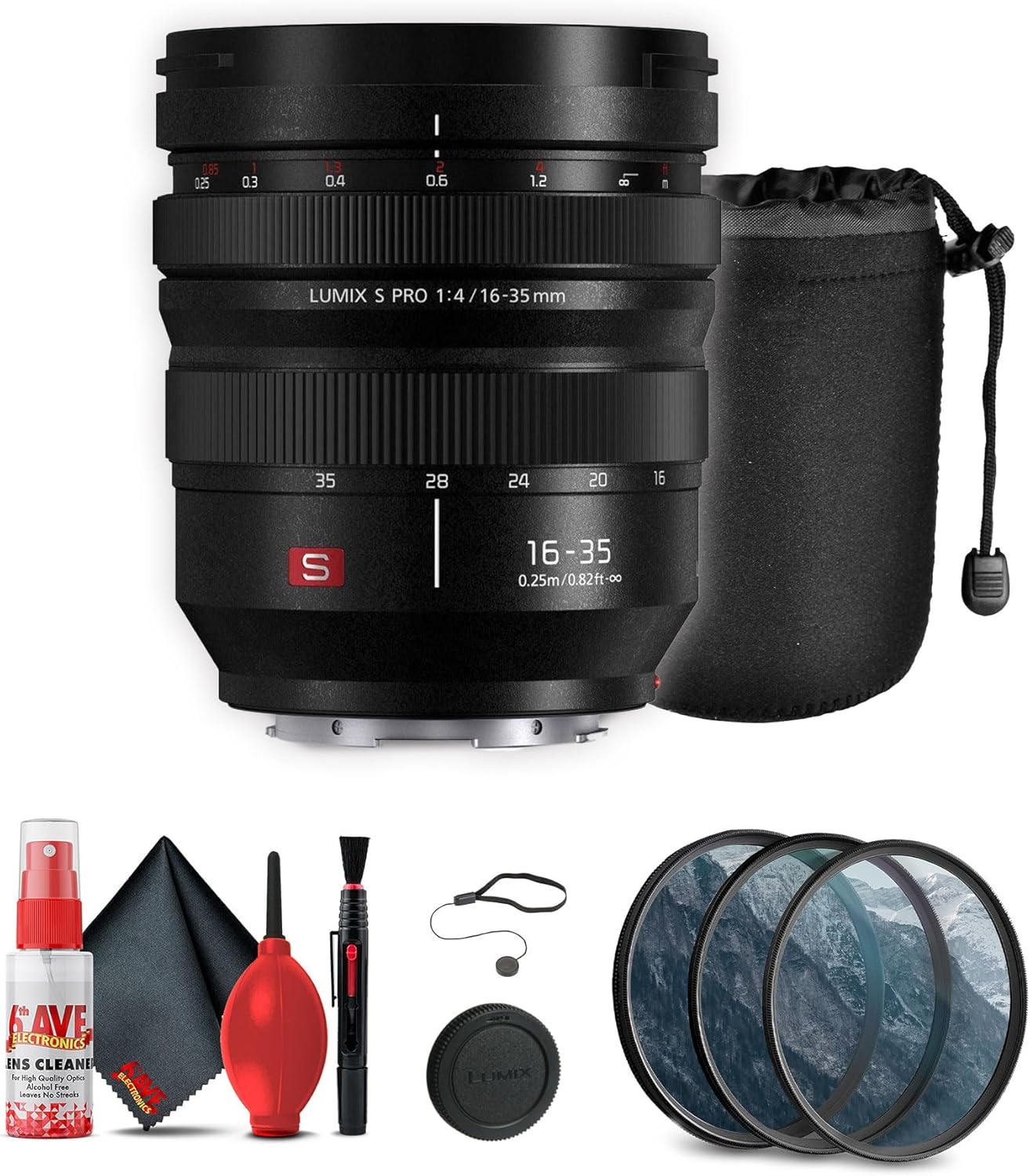 Panasonic Lumix S Pro 16-35mm f/4 Lens (S-R1635) Bundle: Wide-Angle Zoom, Weather-Sealed, L-Mount, Includes 3-Piece Filter Kit, Lens Pouch, Cleaning Kit