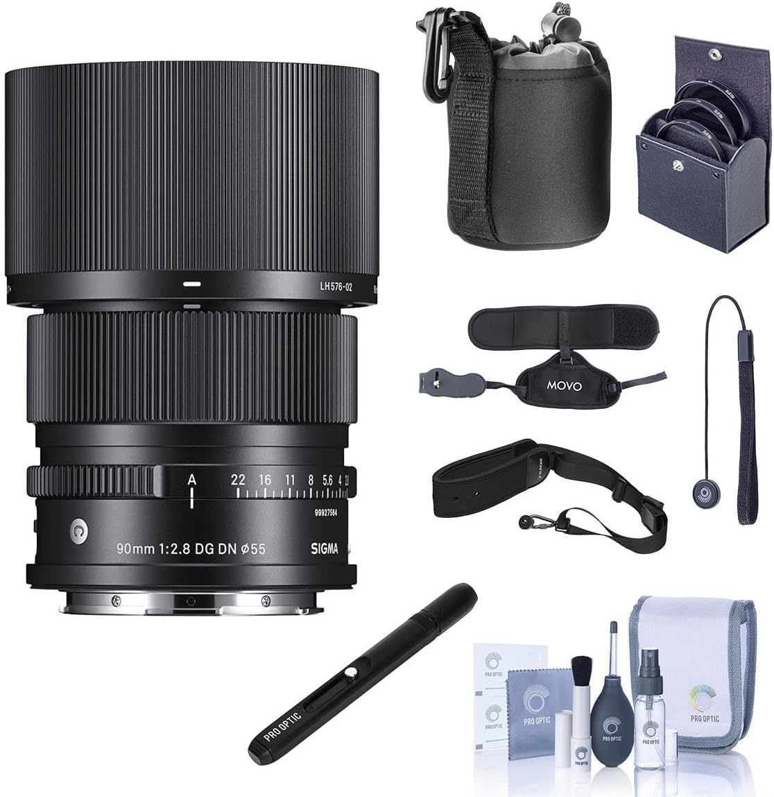 Sigma 90mm f/2.8 DG DN Contemporary Lens for L Mount, Bundle with ProOptic 55mm Filter Kit, Dual Wrist and Grip Strap, Sling Strap, Lens Cleaner, Cleaning Kit, Lens Cap Tether, Pouch