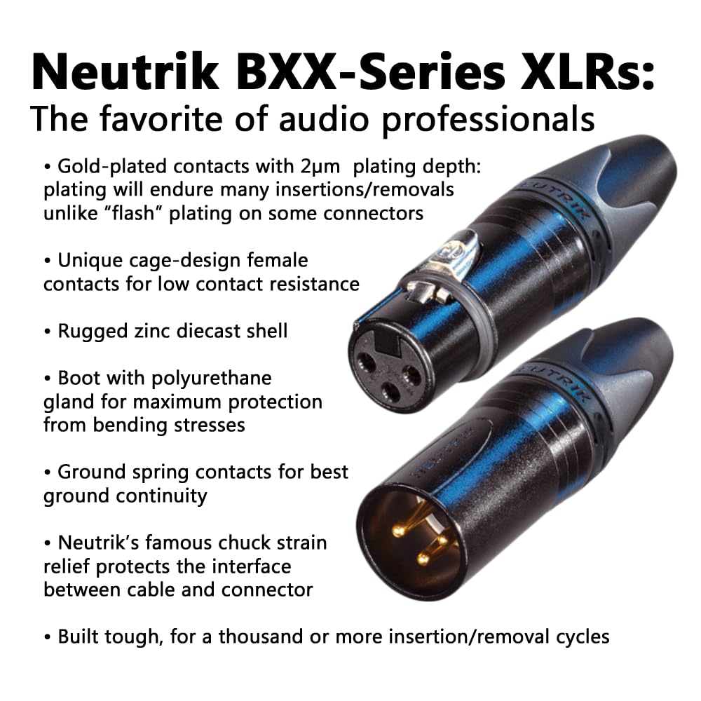 BJC XLR Cables, Canare DA202 with Neutrik BXX-Series XLRs, Suitable for Analog or AES/EBU Digital (Stereo Pair, Black, 6 Foot)