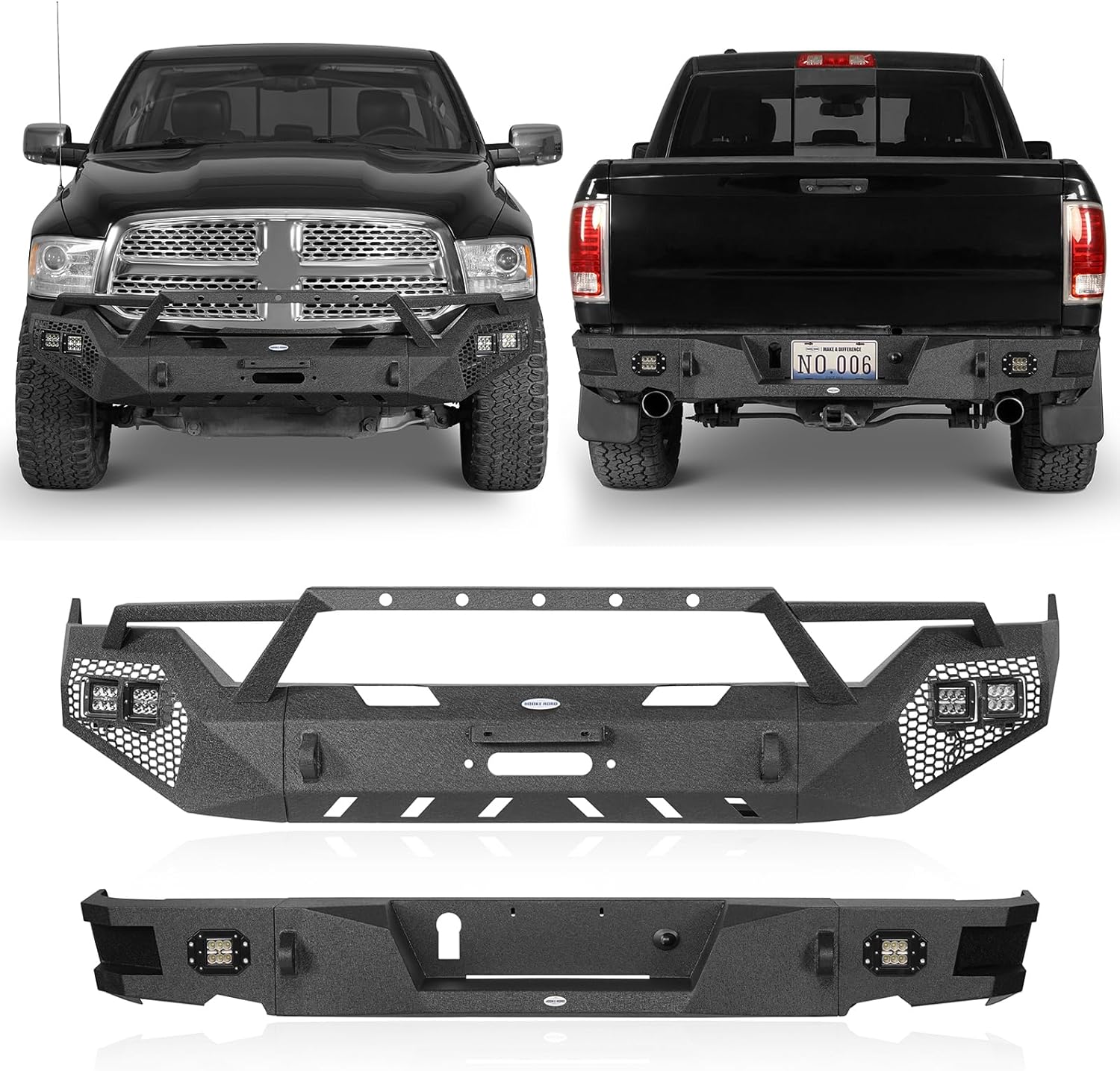 Hooke Road Ram 1500 Front Winch Bumper + Rear Bumper Set for 2013-2018 Dodge Ram 1500 (Exclude Rebel) & 2019-2024 Ram 1500 Classic, Offroad Steel Bumpers with LED Lights, D-ring Mounts