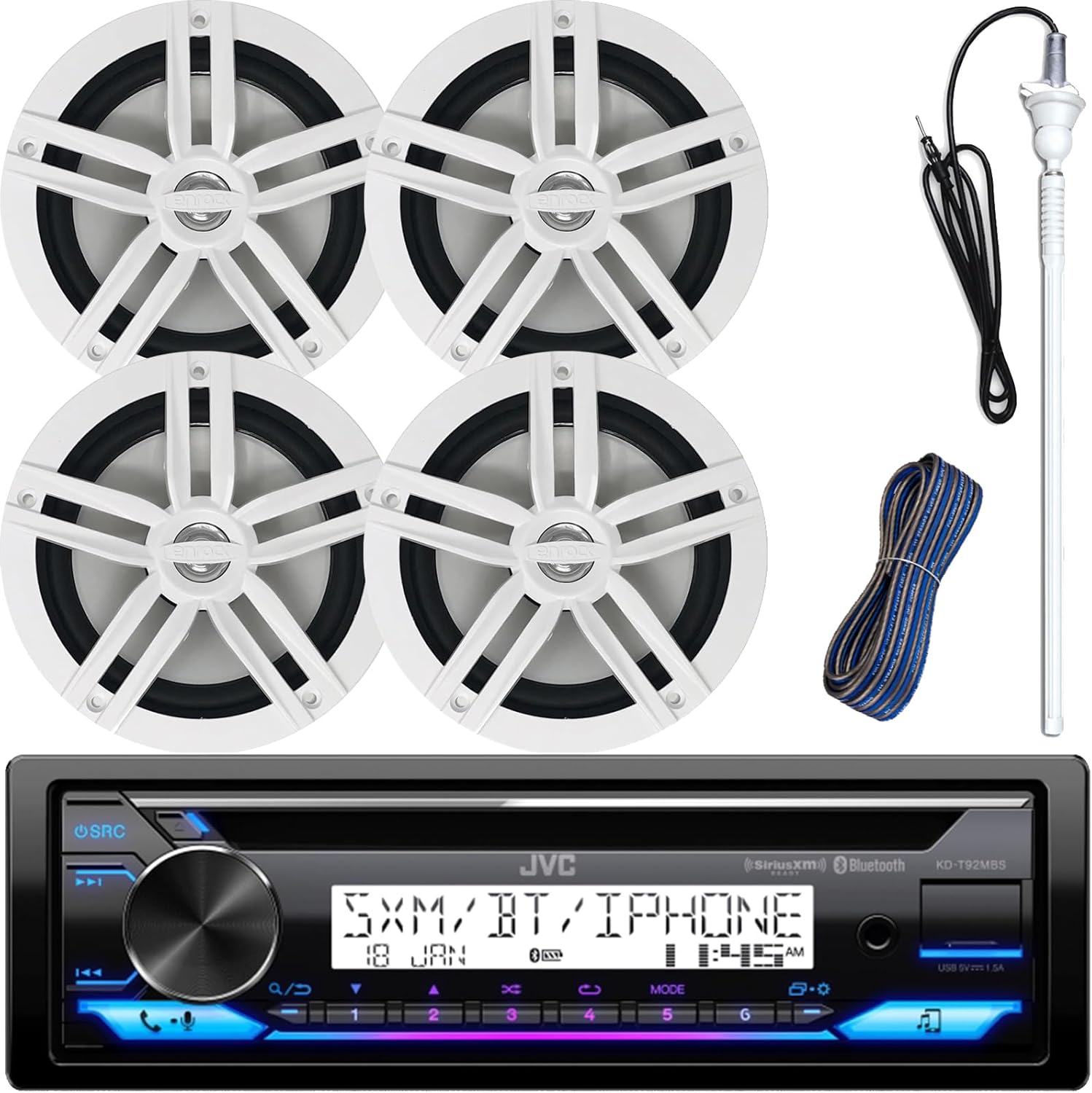 JVC KD-T92MBS in-Dash Marine Boat Bluetooth Radio USB CD Receiver Bundle Combo with 2 Pairs of Enrock White 6.5